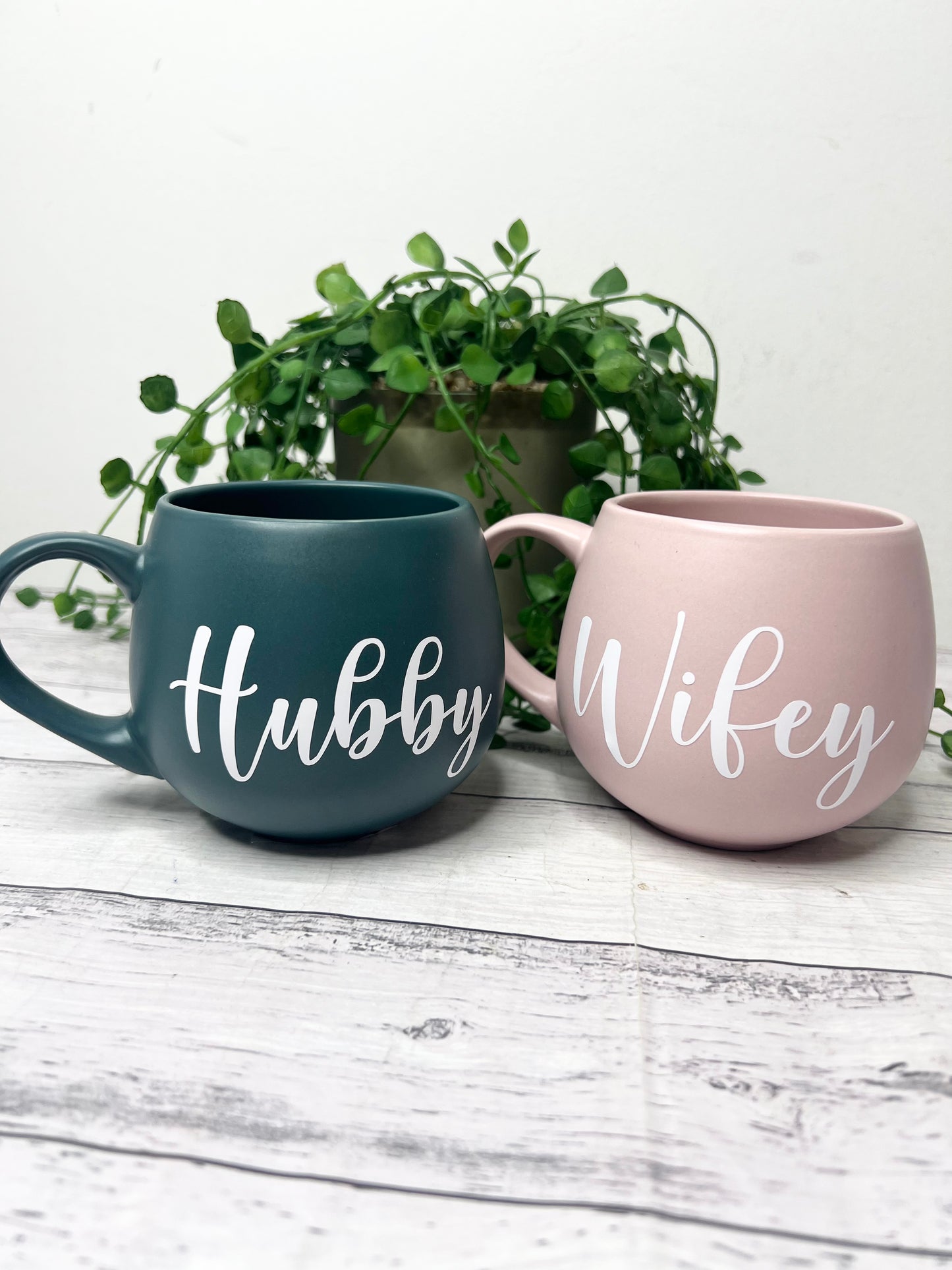 Hubby and wifey Pink and Teal hug mug set  450ml white writing couple set