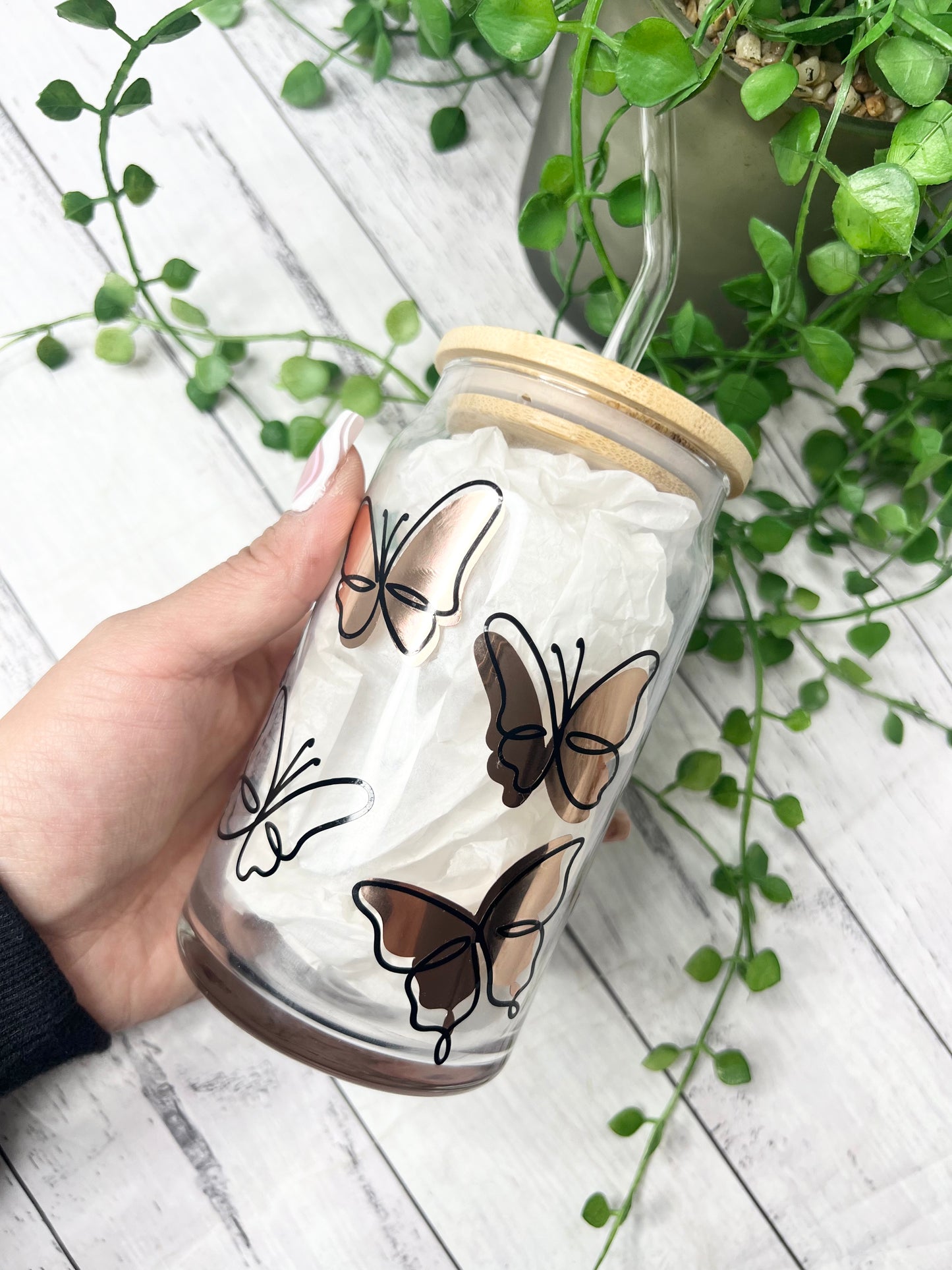 Black Butterfly rose Gold beer can ice coffee glass cup 470ml 16oz with bamboo lid and glass straw