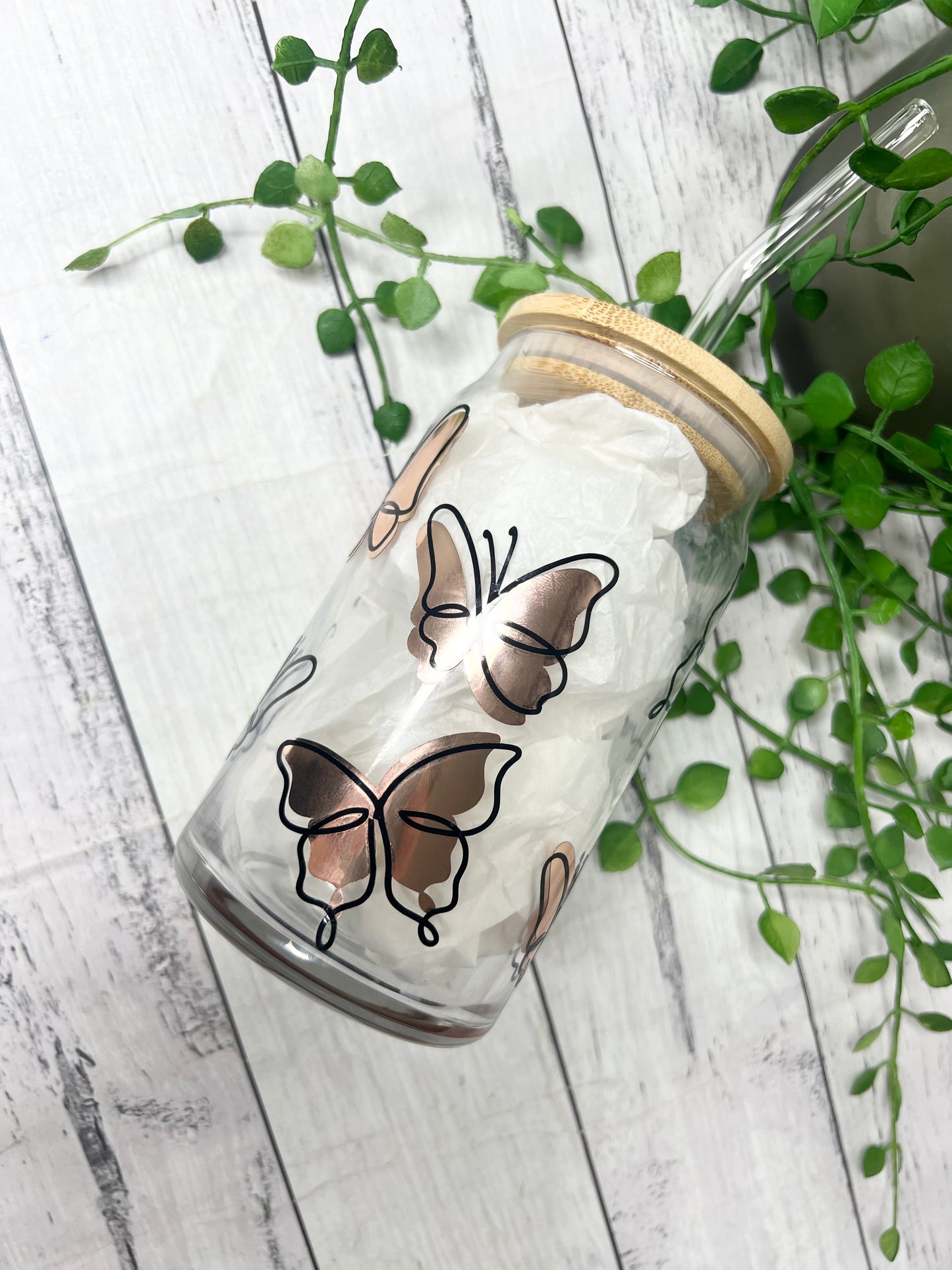 Black Butterfly rose Gold beer can ice coffee glass cup 470ml 16oz with bamboo lid and glass straw