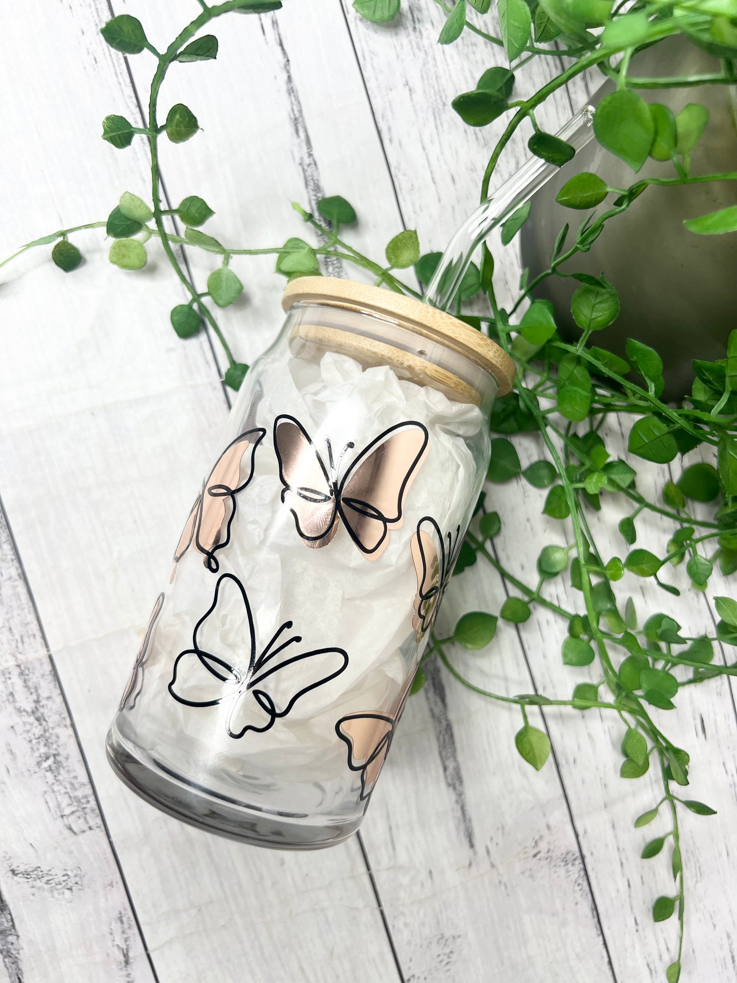 Black Butterfly rose Gold beer can ice coffee glass cup 470ml 16oz with bamboo lid and glass straw