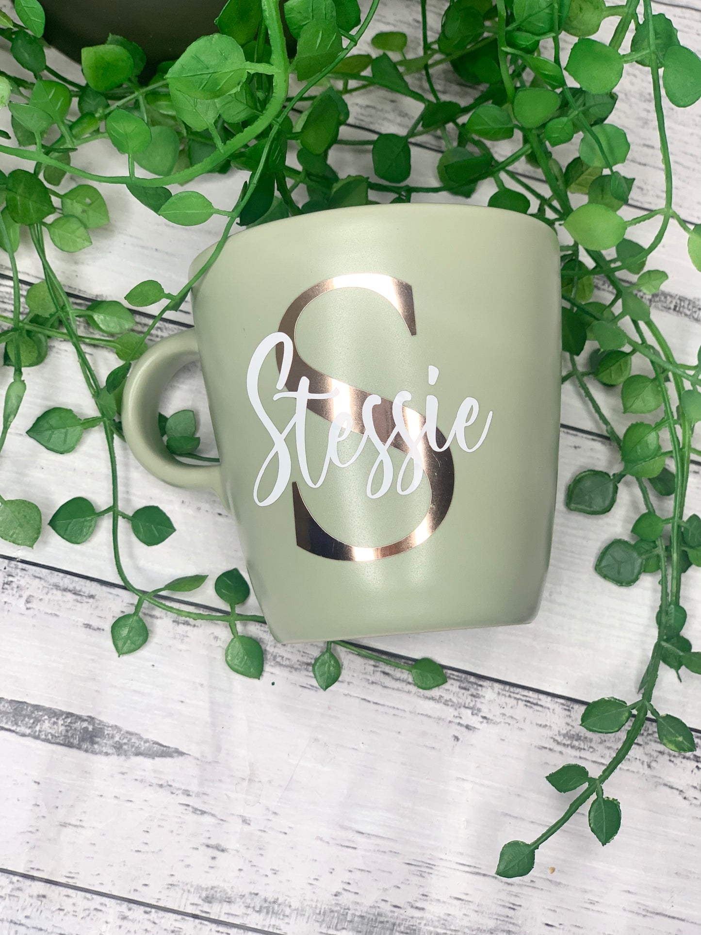 Personalised Green 370ml Mug with Initial Behind names