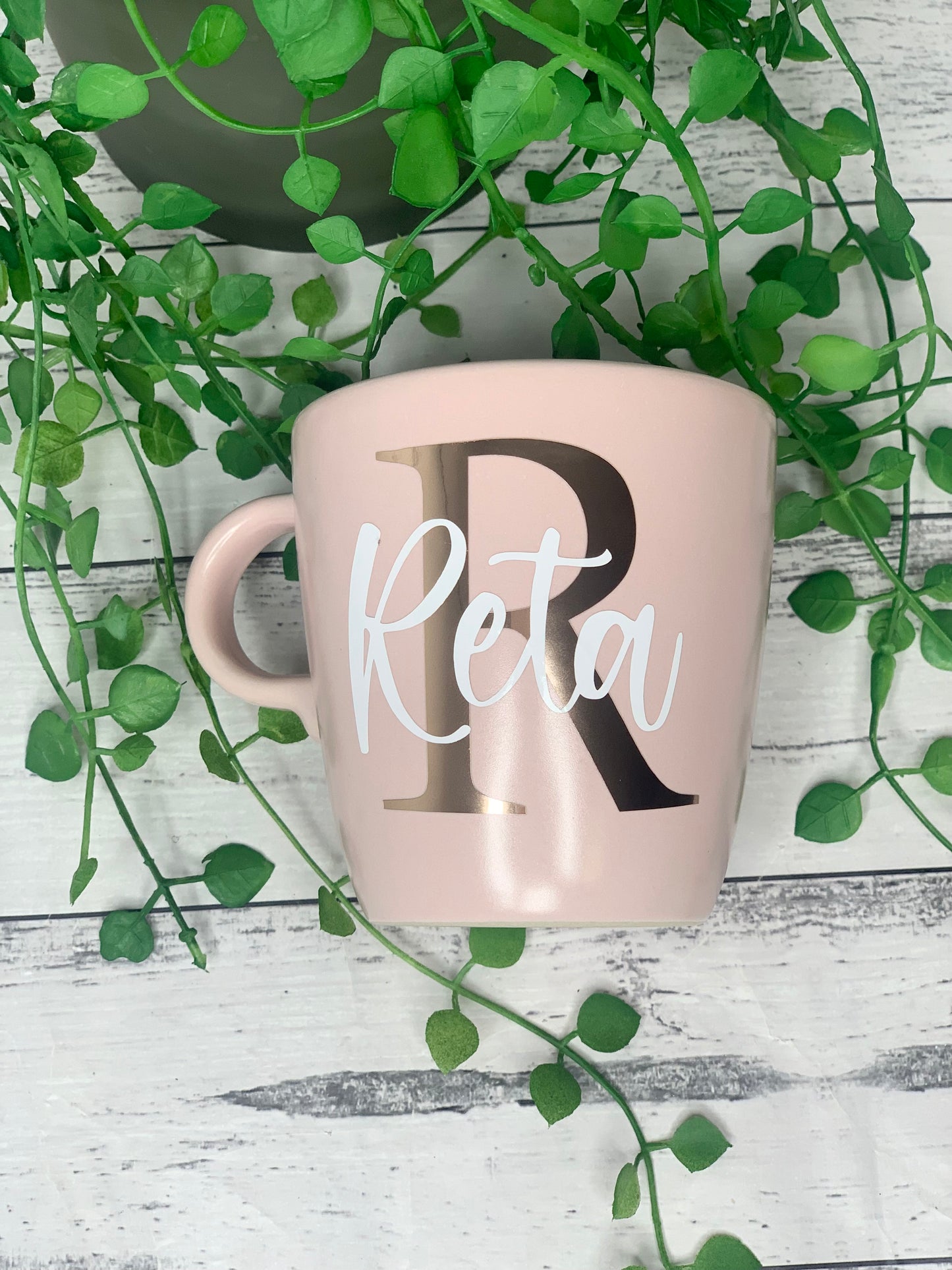 Personalised Pink 370ml Mug with Initial Behind names