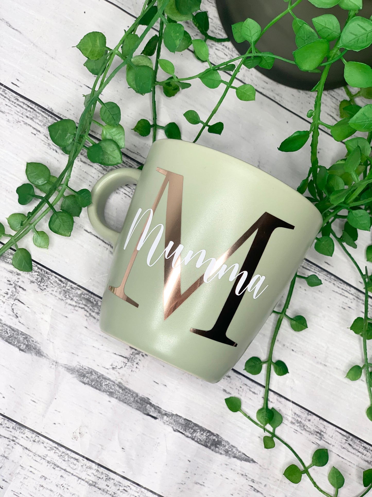 Personalised Green 370ml Mug with Initial Behind names