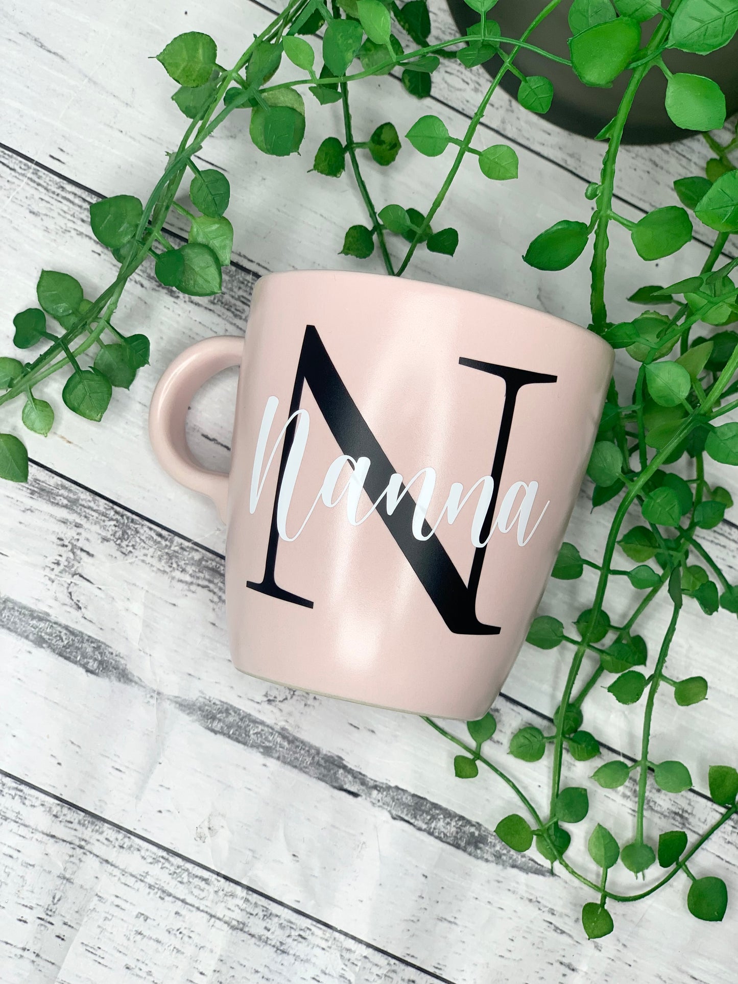 Personalised Pink 370ml Mug with Initial Behind names