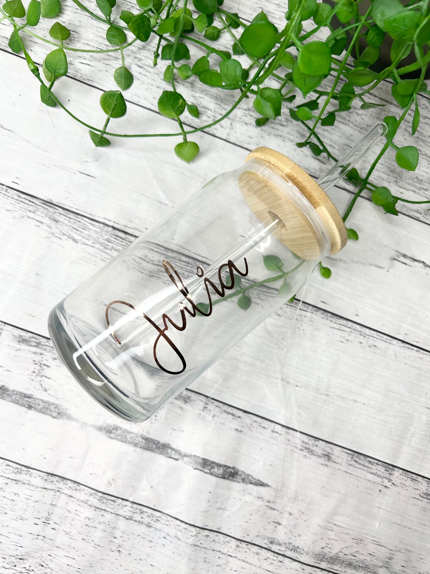 Personalised beer can ice coffee glass cup 470ml with bamboo lid and glass straw 16oz