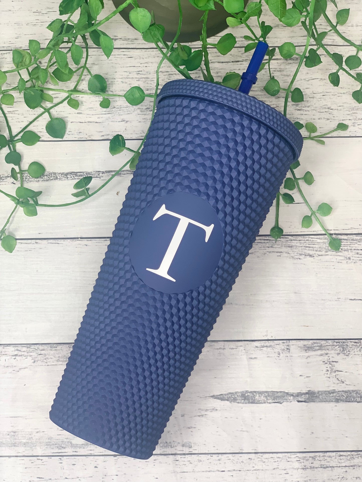 Personalised initial Acrylic studded Navy matte Tumbler with Straw 24oz - 710ml