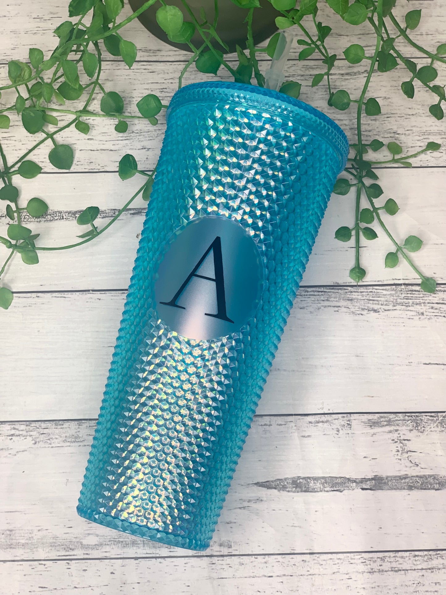 Personalised initial Acrylic studded iridescent blue Tumbler with Straw 24oz - 710ml