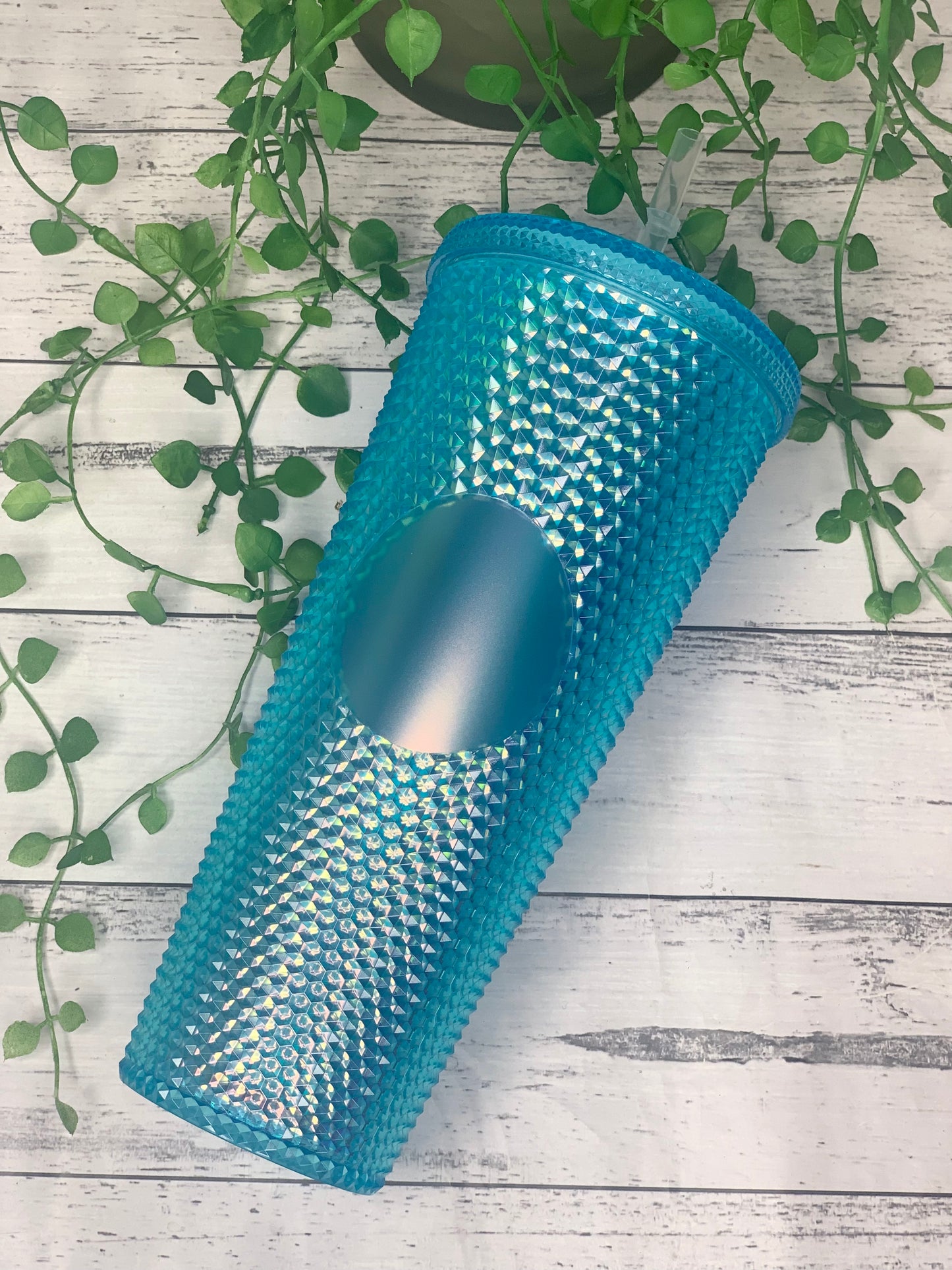 Personalised initial Acrylic studded iridescent blue  Tumbler with Straw 24oz - 710ml