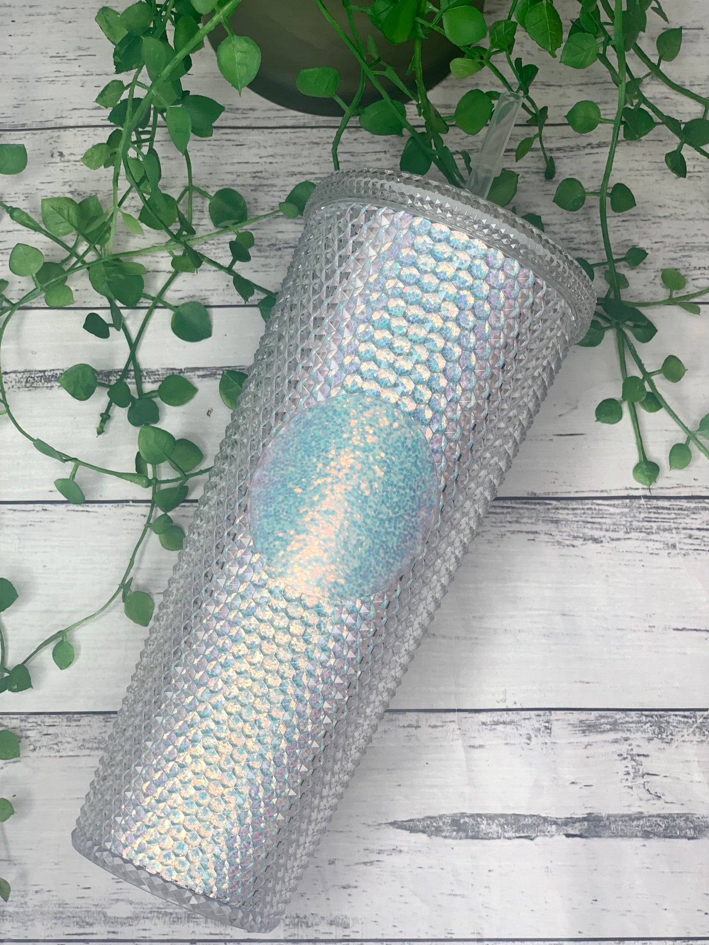 Personalised initial Acrylic studded iridescent White Bling Tumbler with Straw 24oz - 710ml