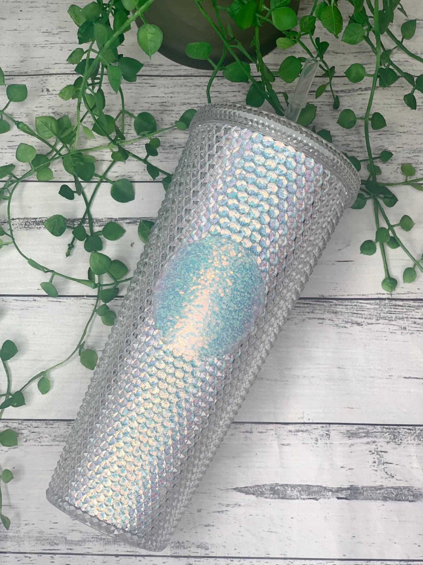 Acrylic studded iridescent White Bling Tumbler with Straw 24oz - 710ml