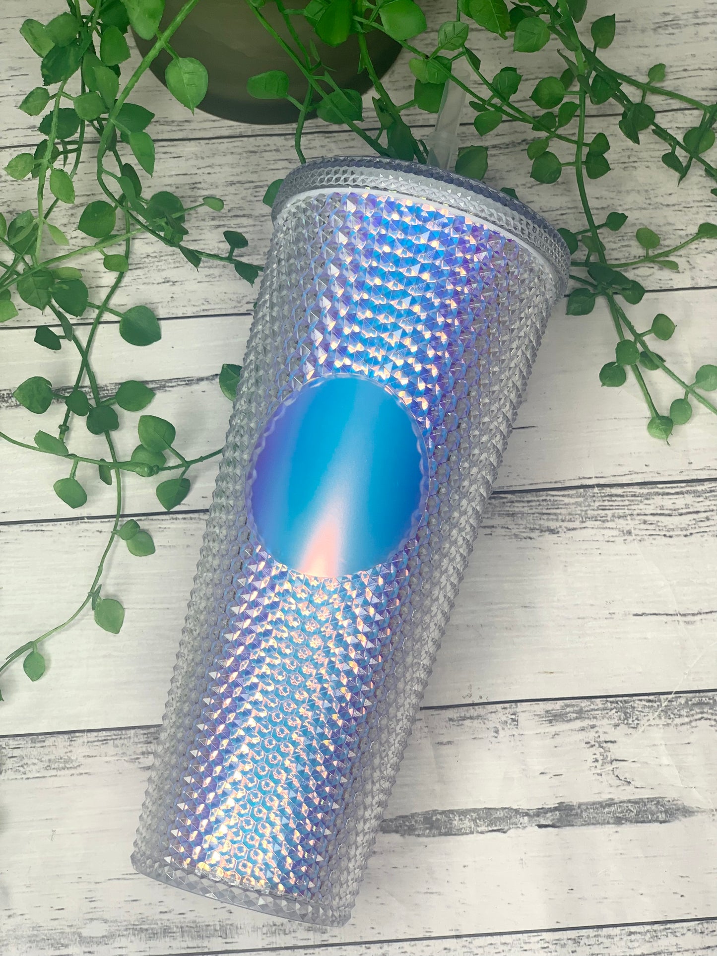 Personalised initial Acrylic studded iridescent Unicorn Tumbler with Straw 24oz - 710ml