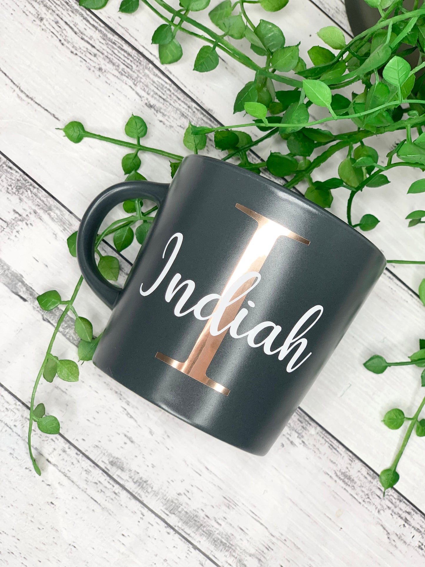Personalised Dark Grey 300ml Mug with Initial Behind names