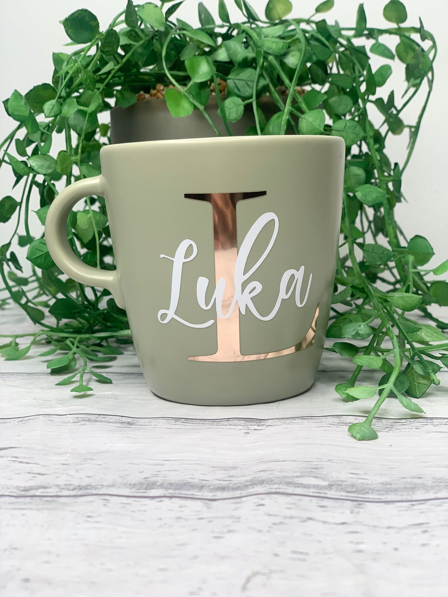 Personalised Green 370ml Mug with Initial Behind names