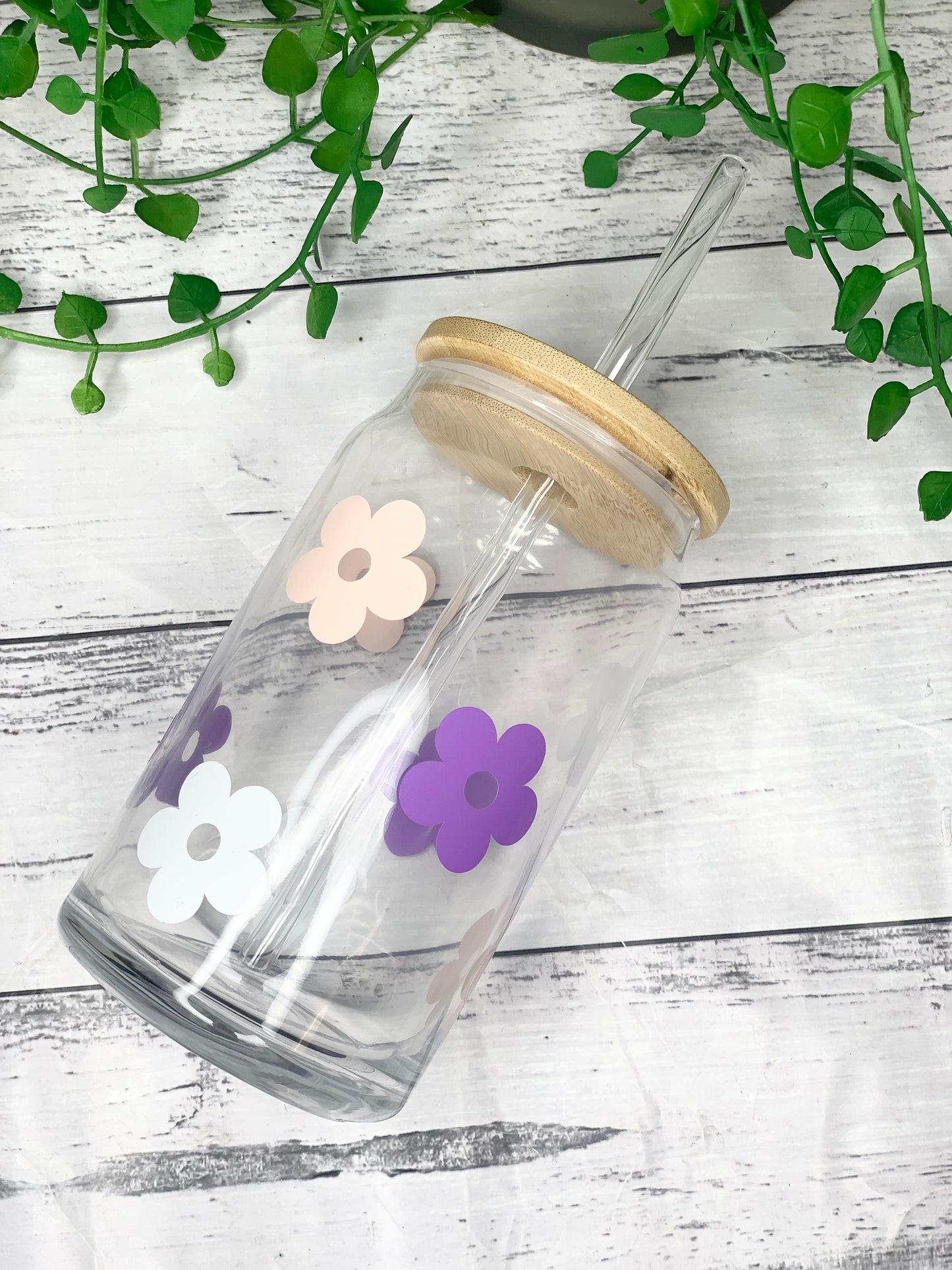 Daisy beer can ice coffee glass cup 16oz 470ml with bamboo lid and glass straw