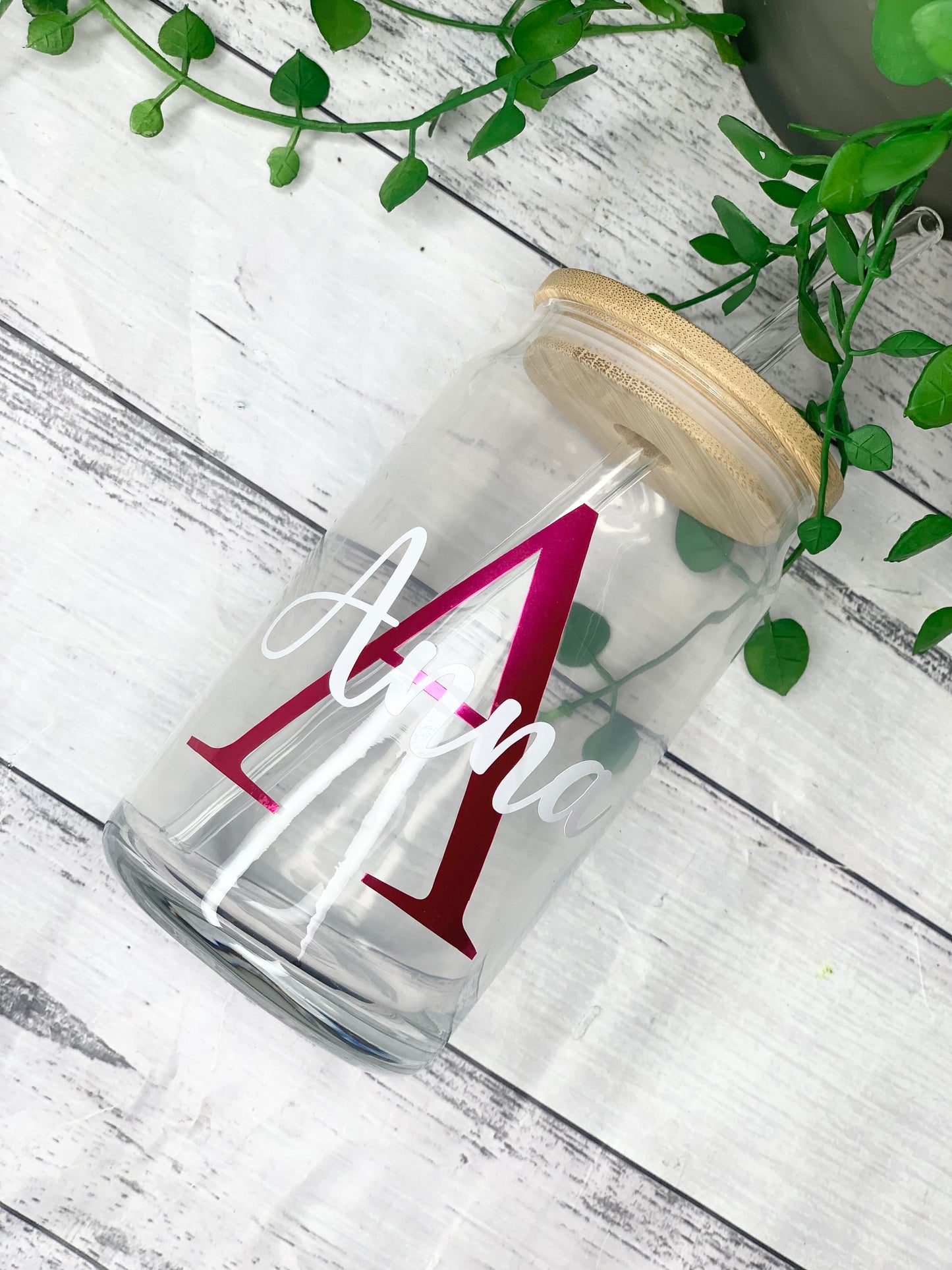 Personalised beer can with Initial Behind name ice coffee glass cup 470ml with bamboo lid and glass straw