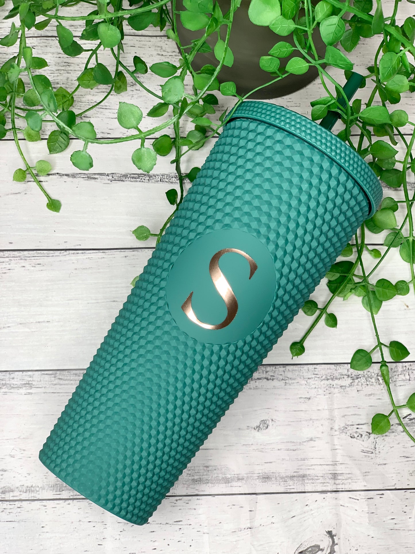 Personalised initial Acrylic studded iridescent Dark Green Tumbler with Straw 24oz - 710ml