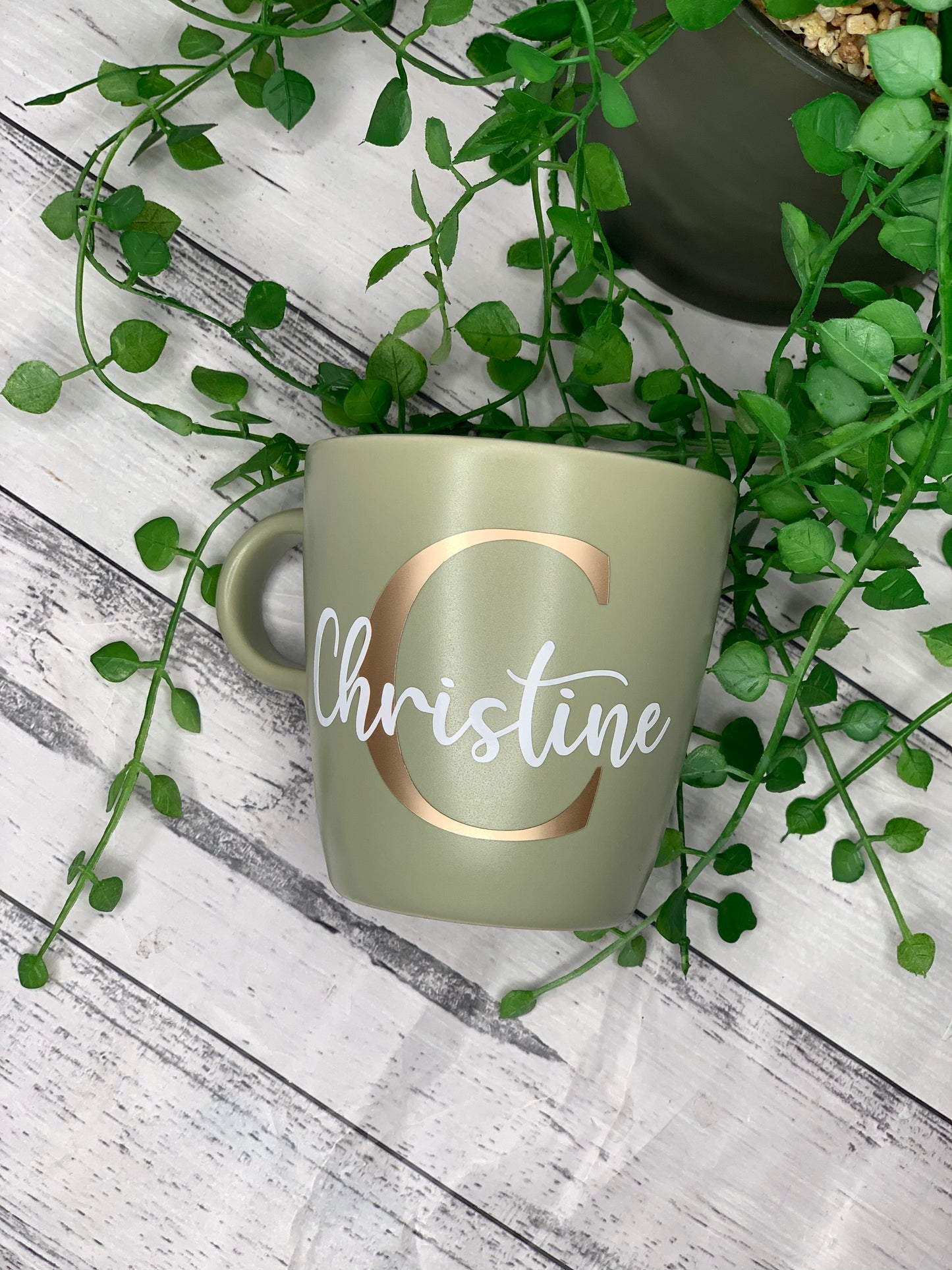 Personalised Green 370ml Mug with Initial Behind names