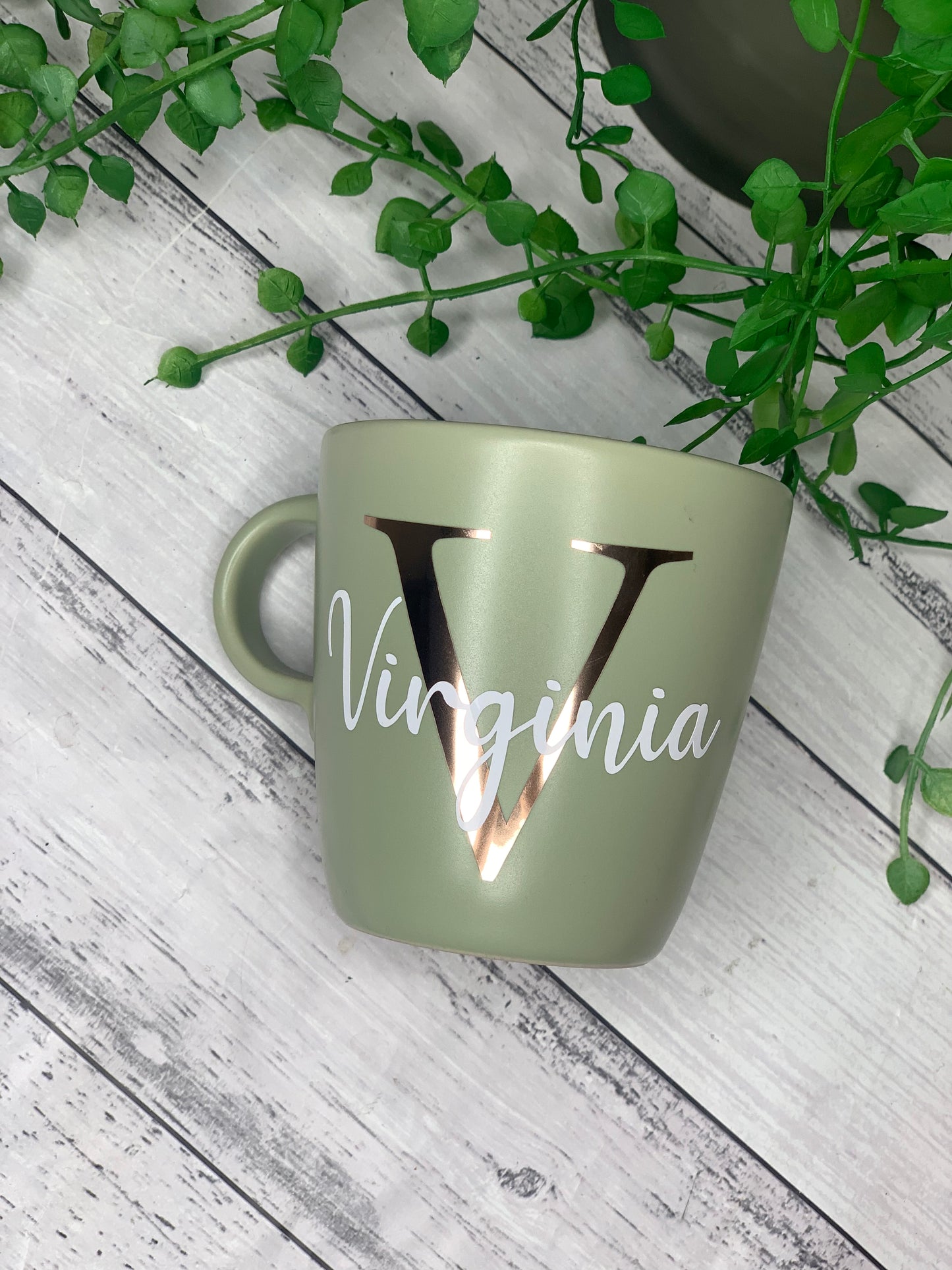 Personalised Green 370ml Mug with Initial Behind names