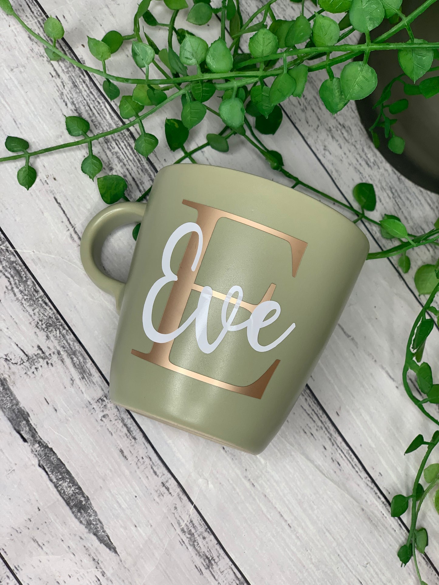 Personalised Green 370ml Mug with Initial Behind names