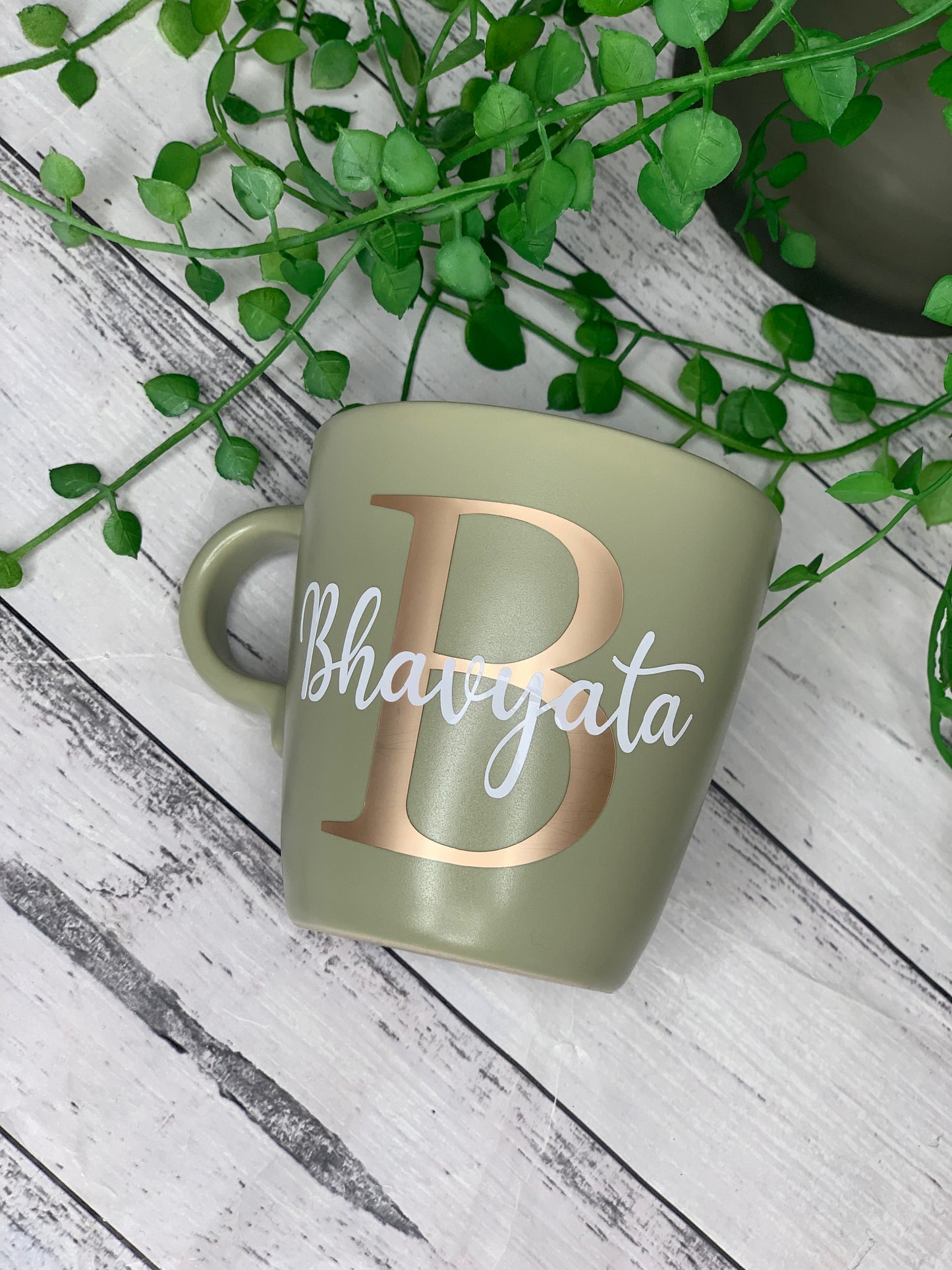 Personalised Green 370ml Mug with Initial Behind names