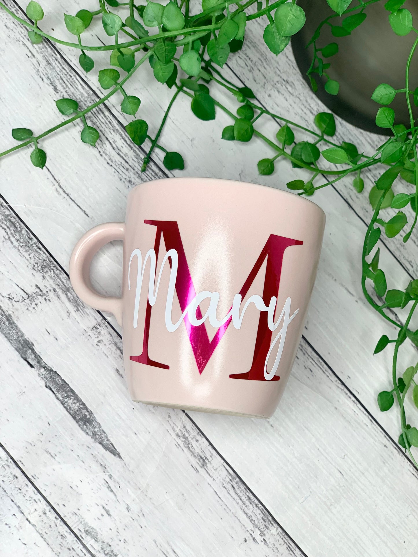 Personalised Pink 370ml Mug with Initial Behind names