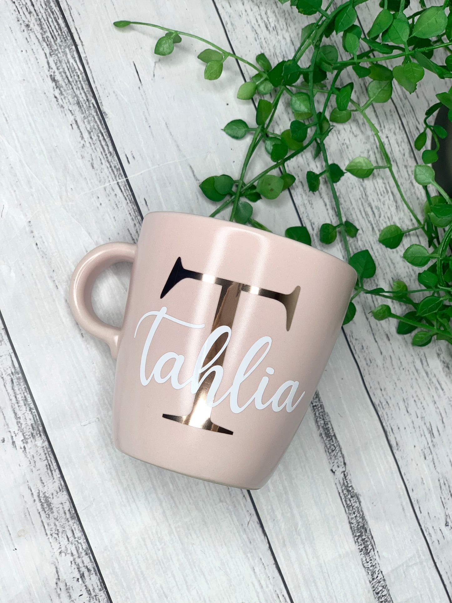 Personalised Pink 370ml Mug with Initial Behind names