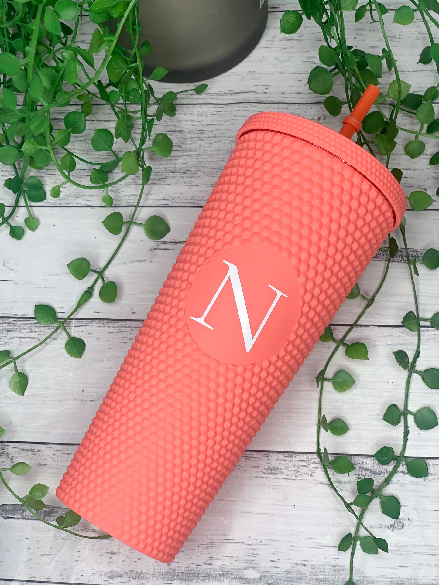 Personalised initial Acrylic studded Coral Matte Tumbler with Straw 24oz - 710ml