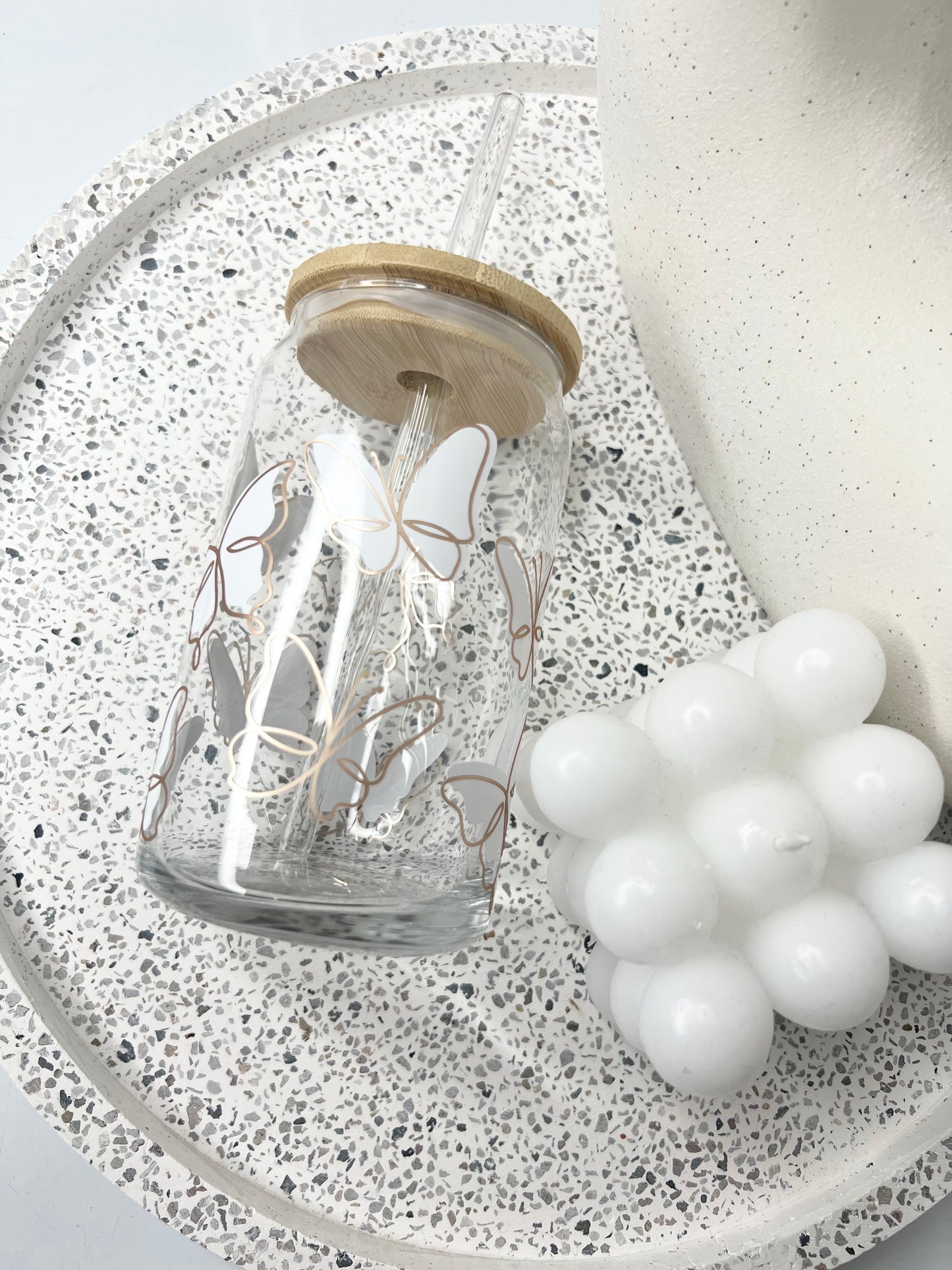 White Butterfly beer can ice coffee glass cup 470ml 16oz bamboo lid and glass straw