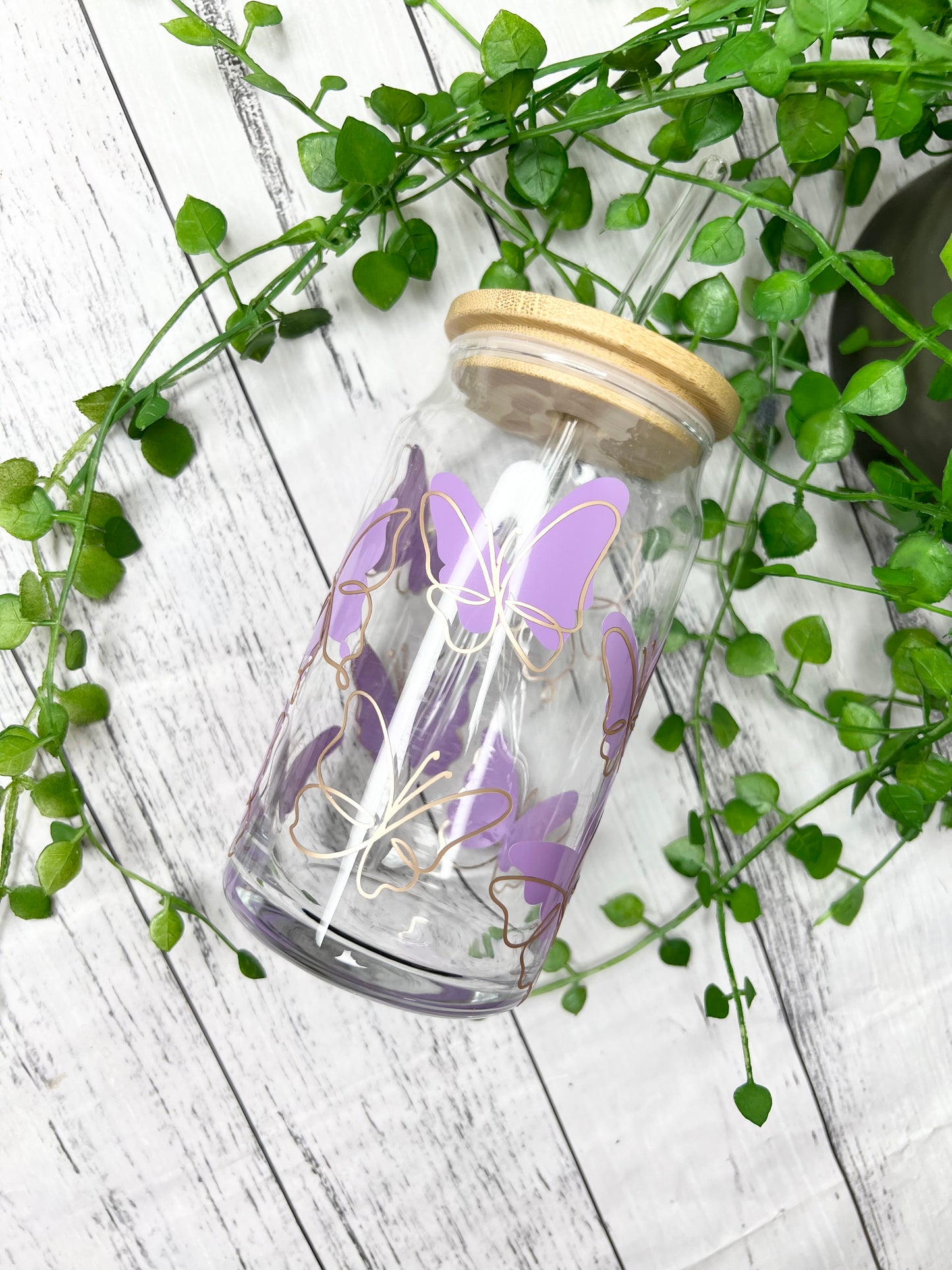 Purple Butterfly beer can ice coffee glass cup 470ml 16oz with bamboo lid and glass straw