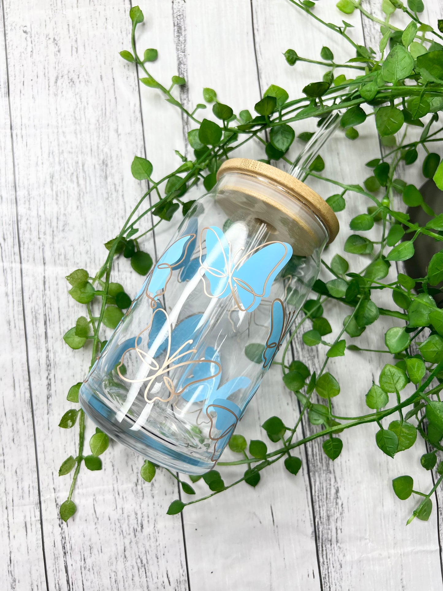 Blue Butterfly beer can ice coffee glass cup 470ml 16oz with bamboo lid and glass straw