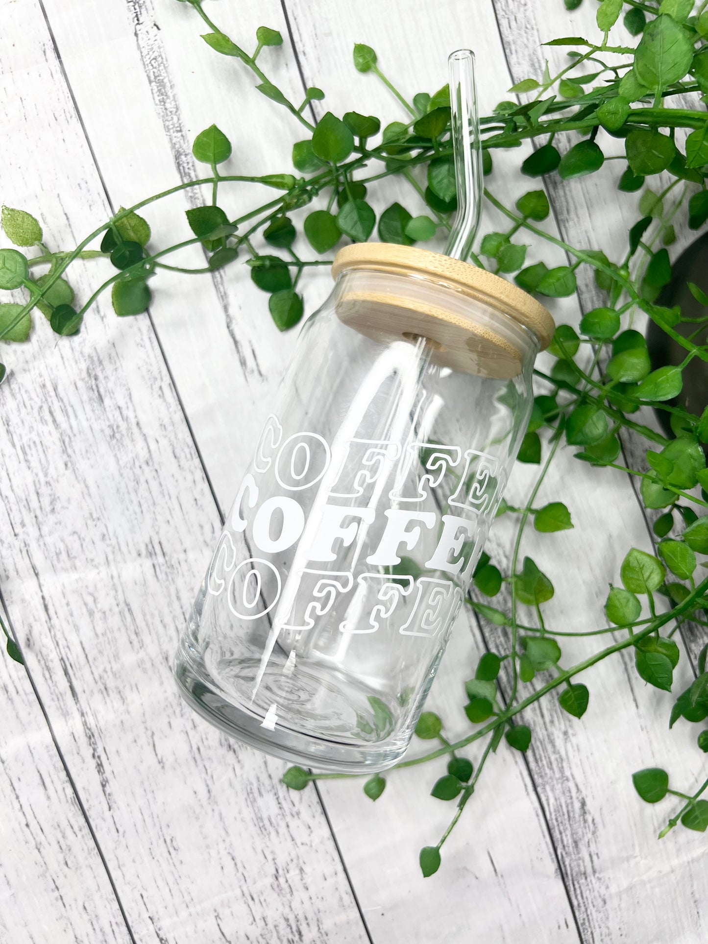 Coffee beer can ice coffee glass cup 470ml 16oz bamboo lid and glass straw white writing