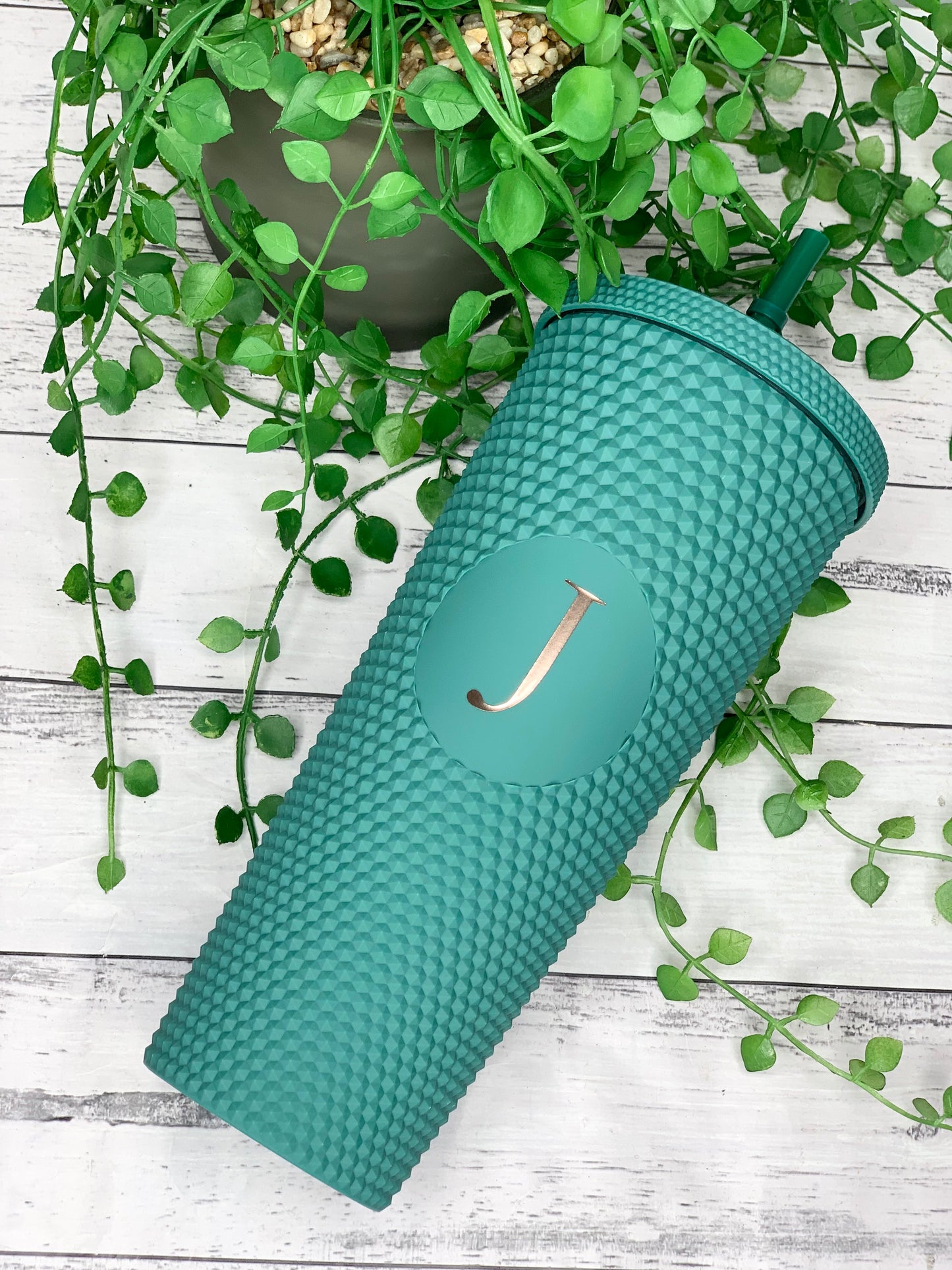 Personalised initial Acrylic studded iridescent Dark Green Tumbler with Straw 24oz - 710ml