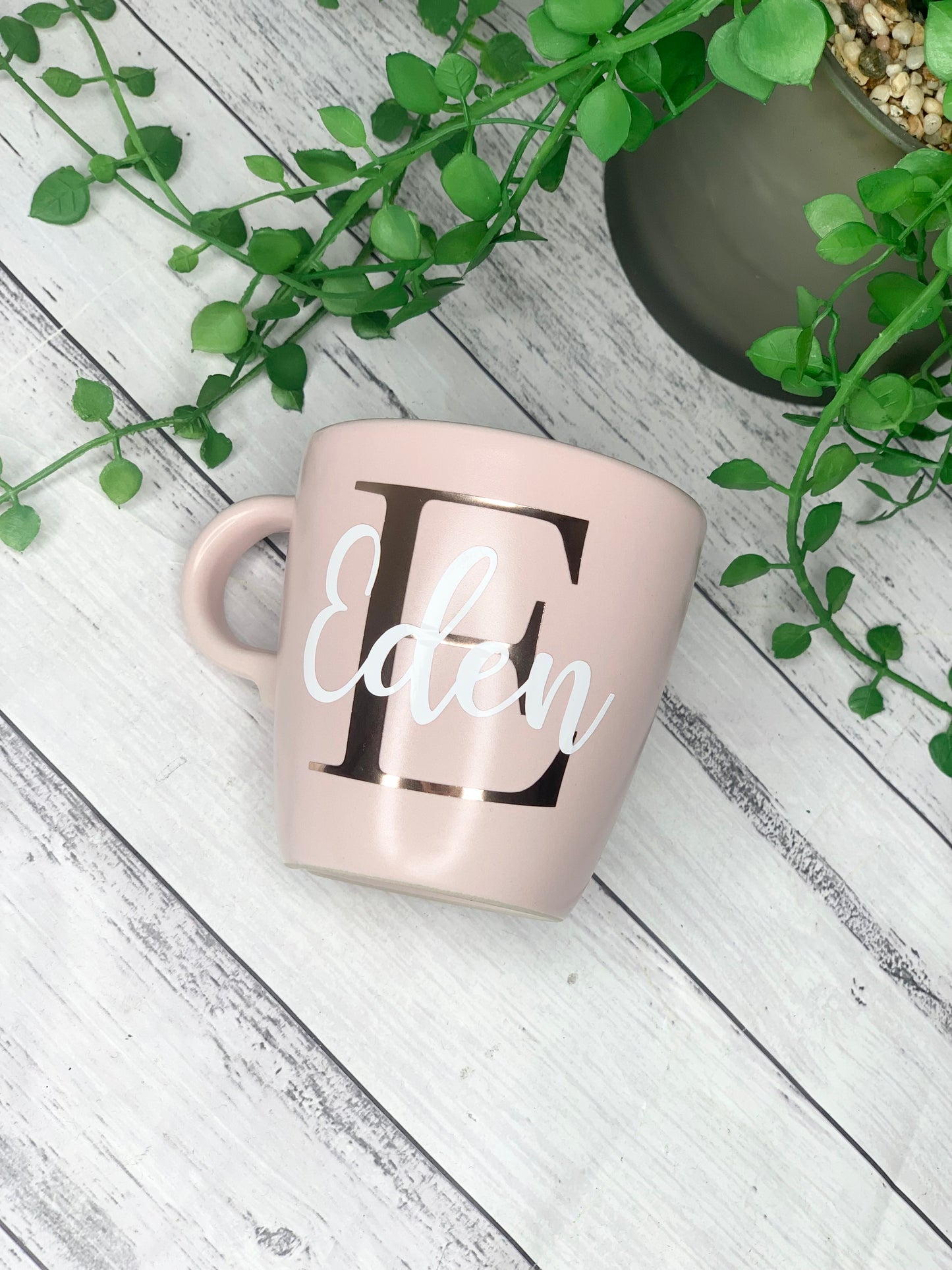 Personalised Pink 370ml Mug with Initial Behind names