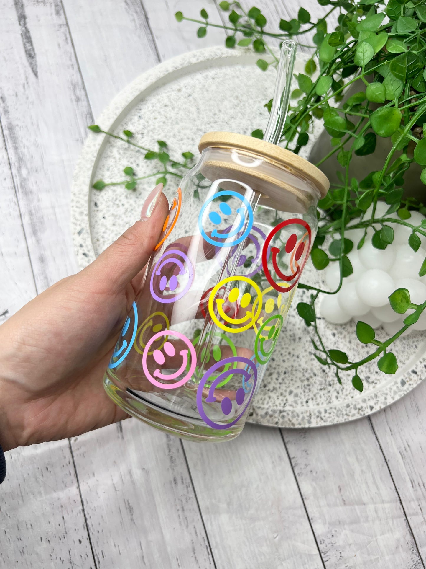 Coffee Smiley beer can ice coffee glass cup 470ml 16oz bamboo lid and glass straw Rainbow