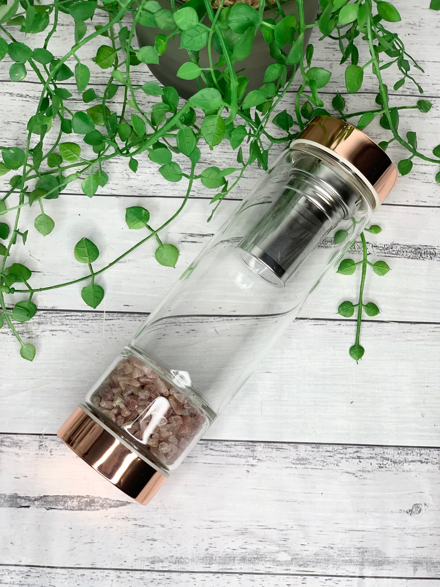 rose gold crystal water bottle with gemstone base and removable tea infuser Strawberry Quartz crystals Blank