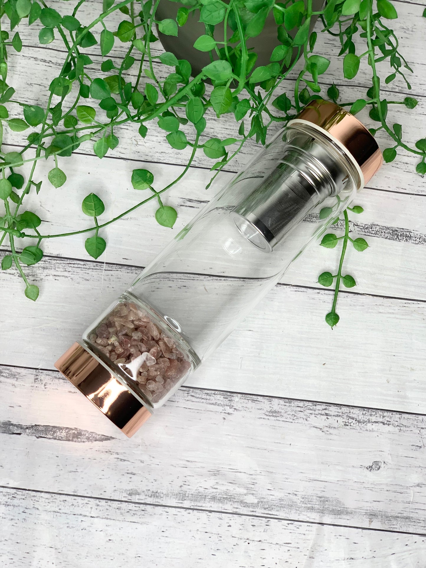rose gold crystal water bottle with gemstone base and removable tea infuser Strawberry Quartz crystals Blank
