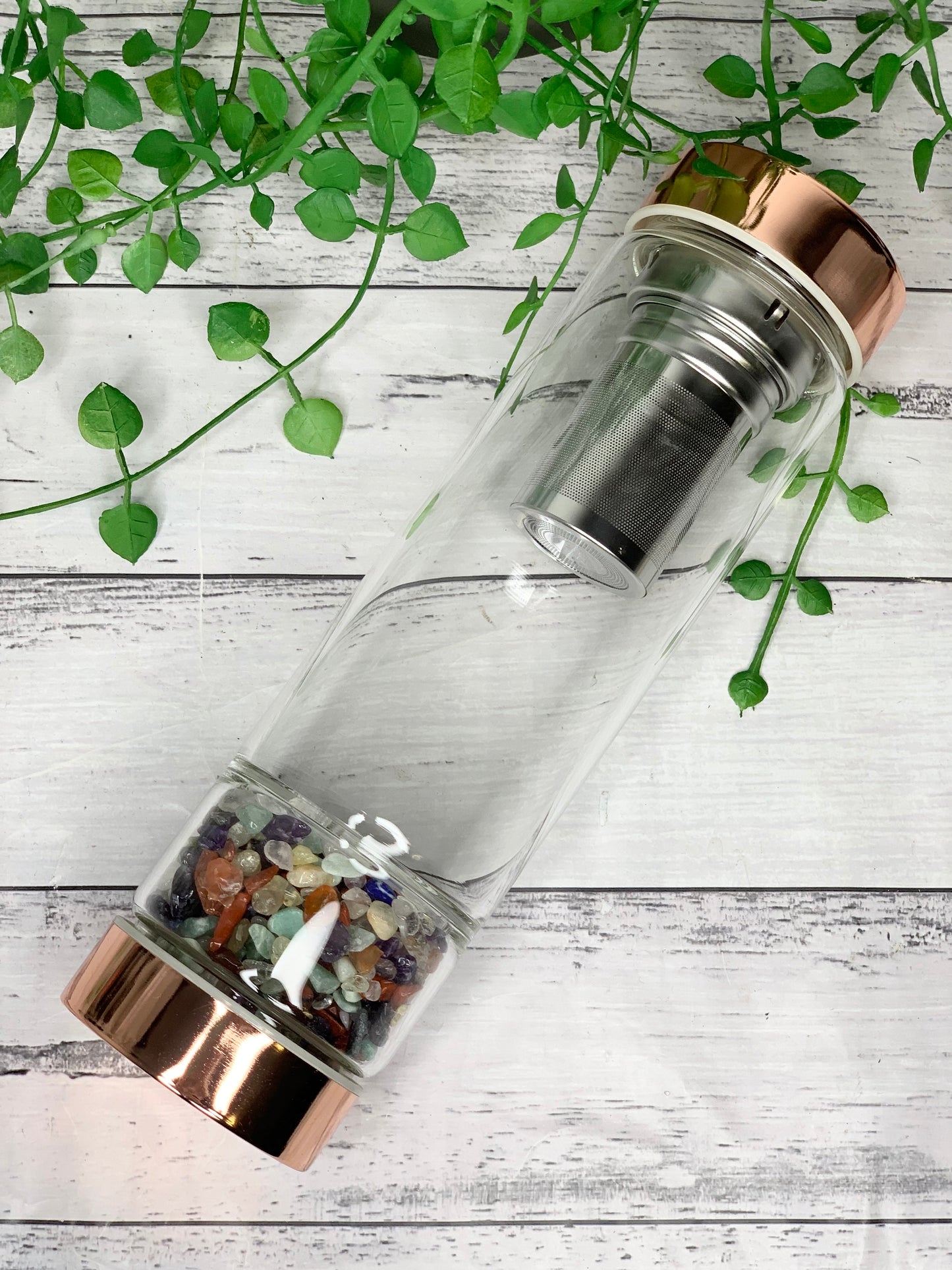 rose gold crystal water bottle with gemstone base and removable tea infuser Chakra Stone crystals Blank