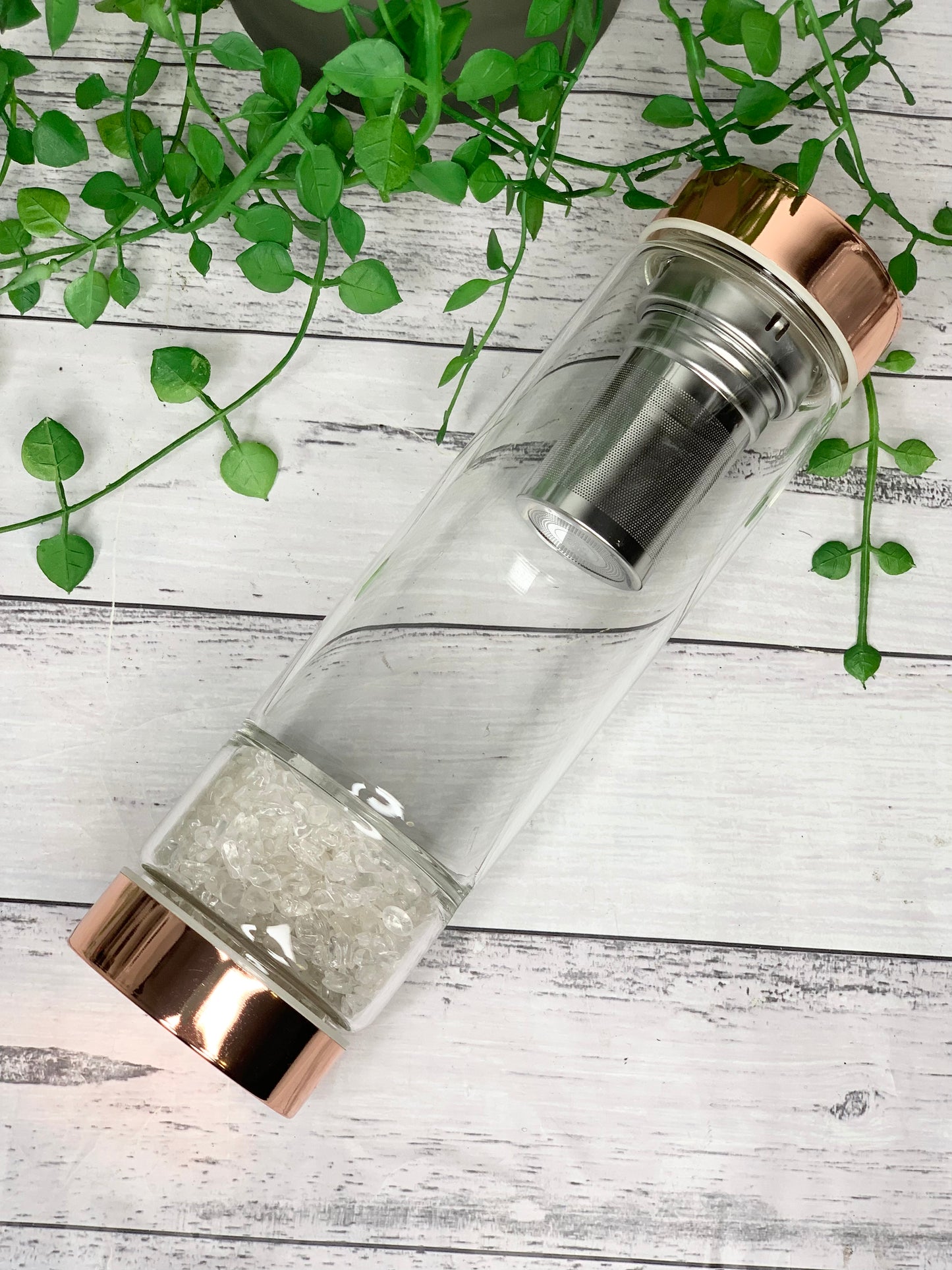 rose gold crystal water bottle with gemstone base and removable tea infuser Clear Quartz crystals Blank