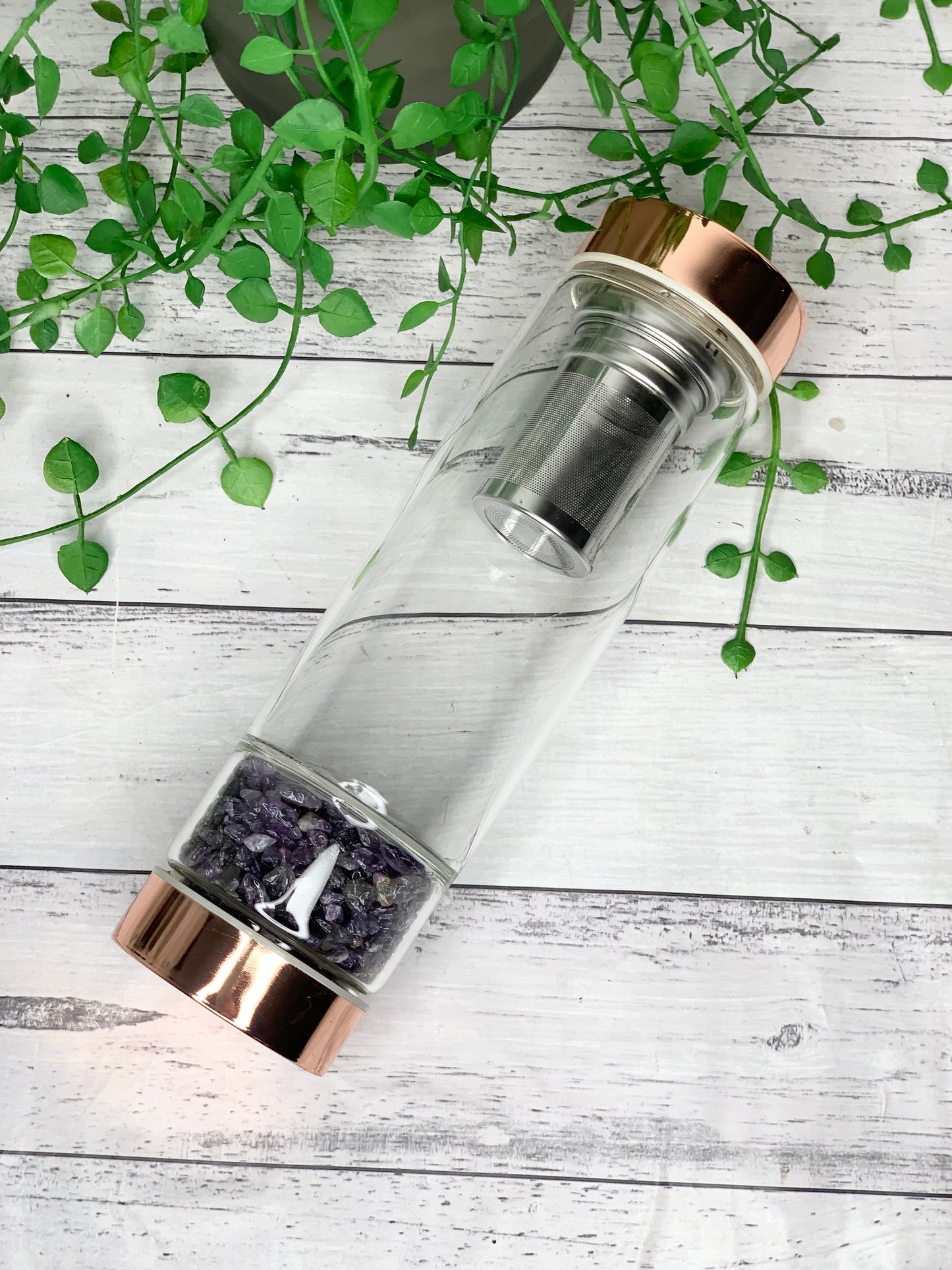 rose gold crystal water bottle with gemstone base and removable tea infuser Amethyst crystals Blank