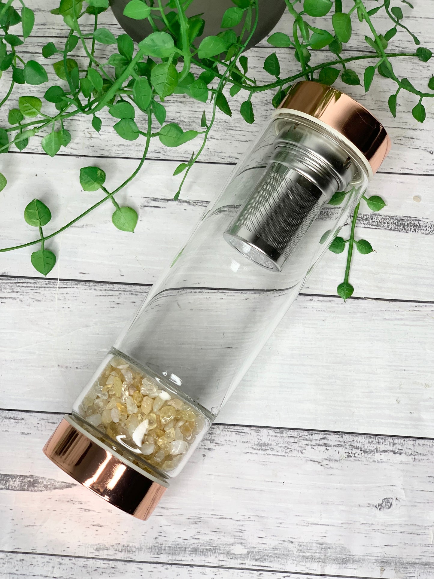 rose gold crystal water bottle with gemstone base and removable tea infuser Citrine Crystals Blank