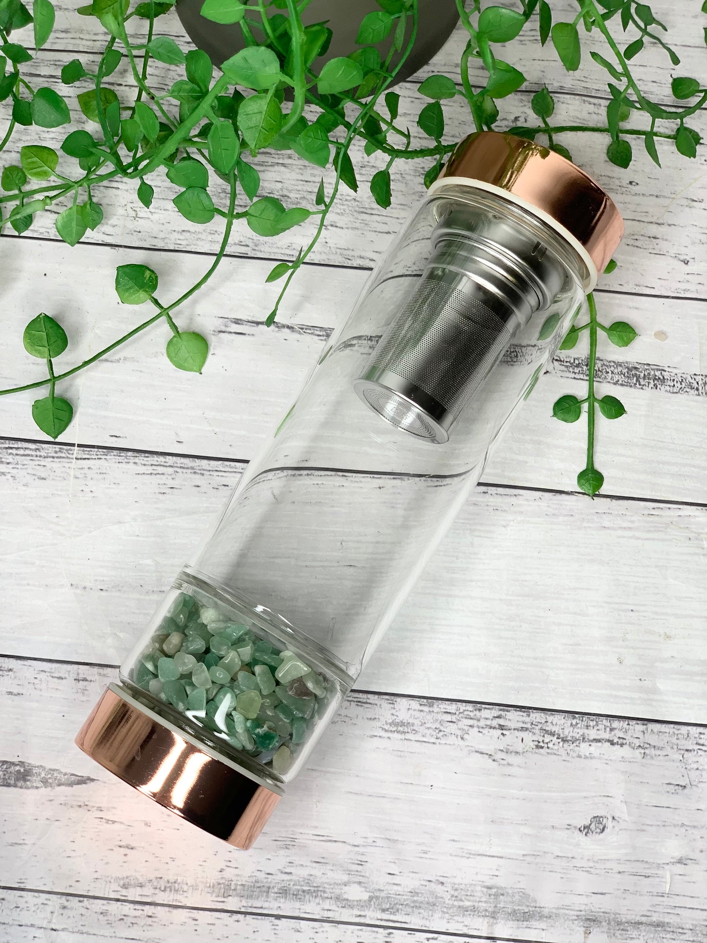 rose gold crystal water bottle with gemstone base and removable tea infuser Green Aventurine Crystals Blank