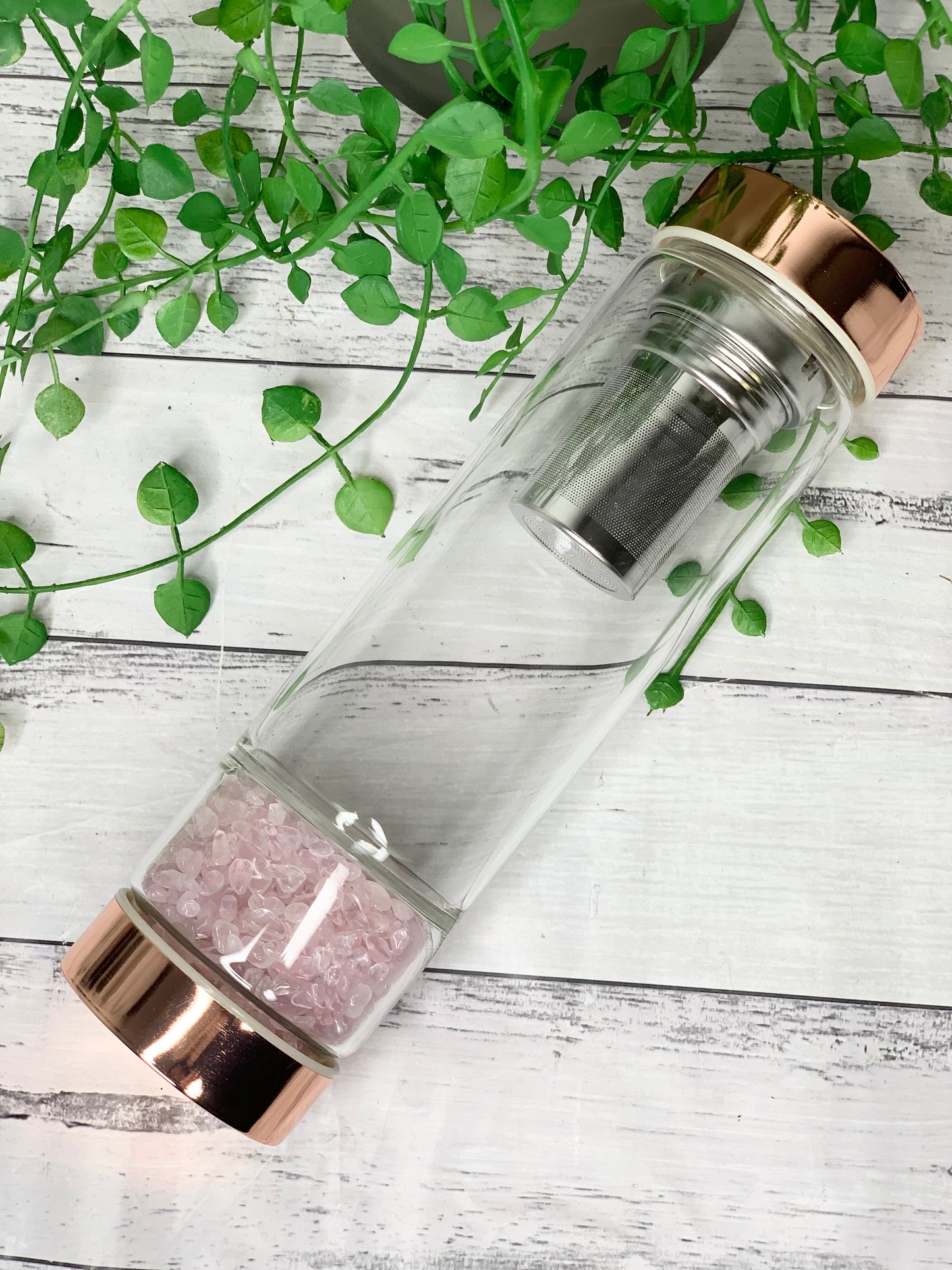 Rose gold crystal water bottle with gemstone base and removable tea infuser Rose Quartz Crystals Blank