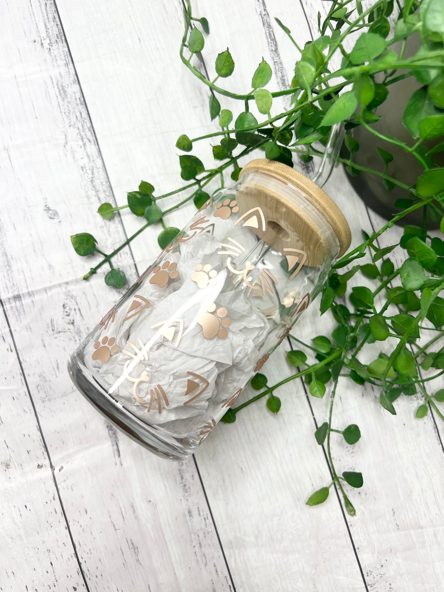 Cat beer can ice coffee glass cup 470ml 16oz bamboo lid and glass straw rose gold matte