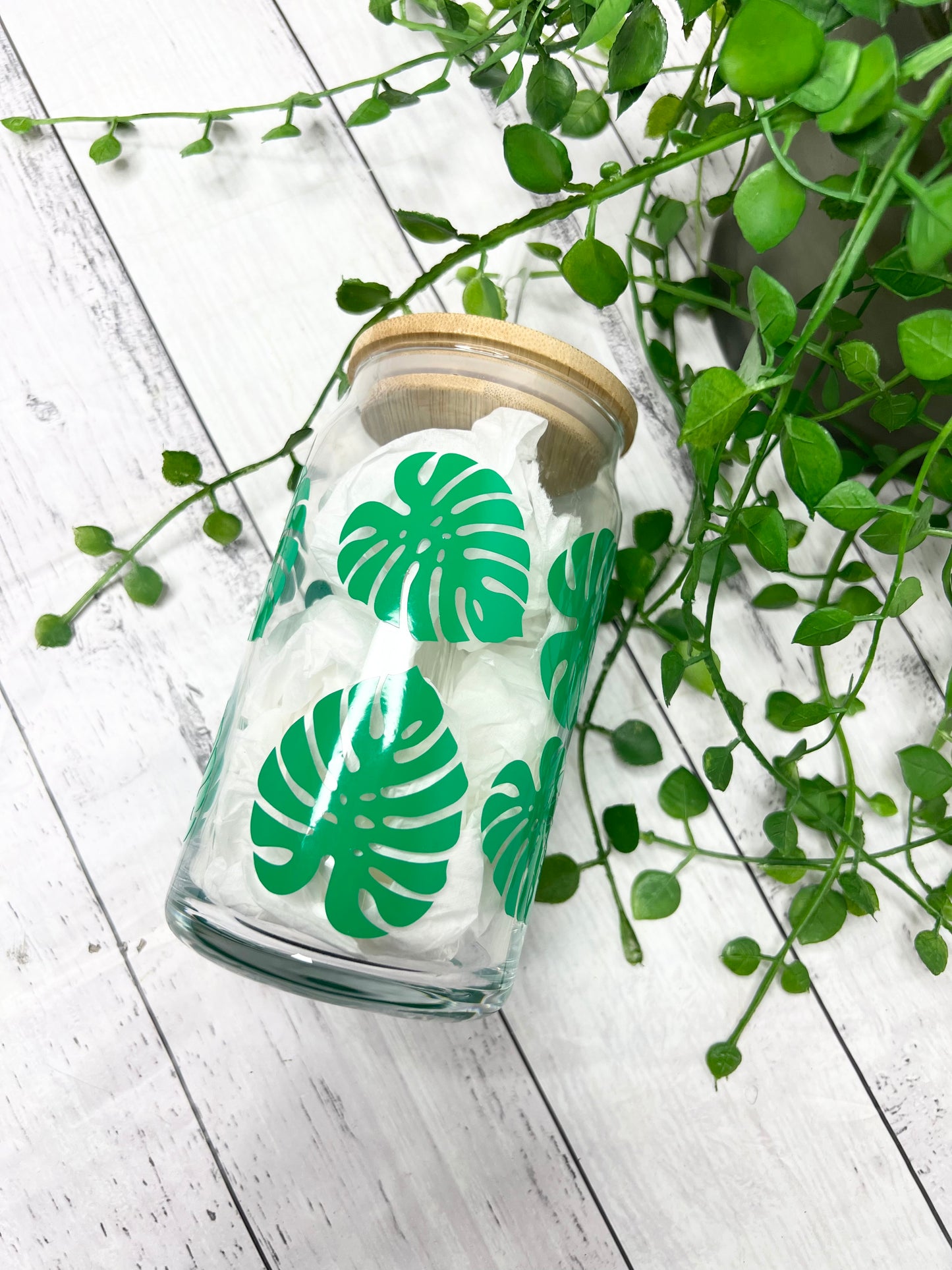 Coffee floral monstera beer can ice coffee glass cup 470ml 16oz bamboo lid and glass straw green leaves