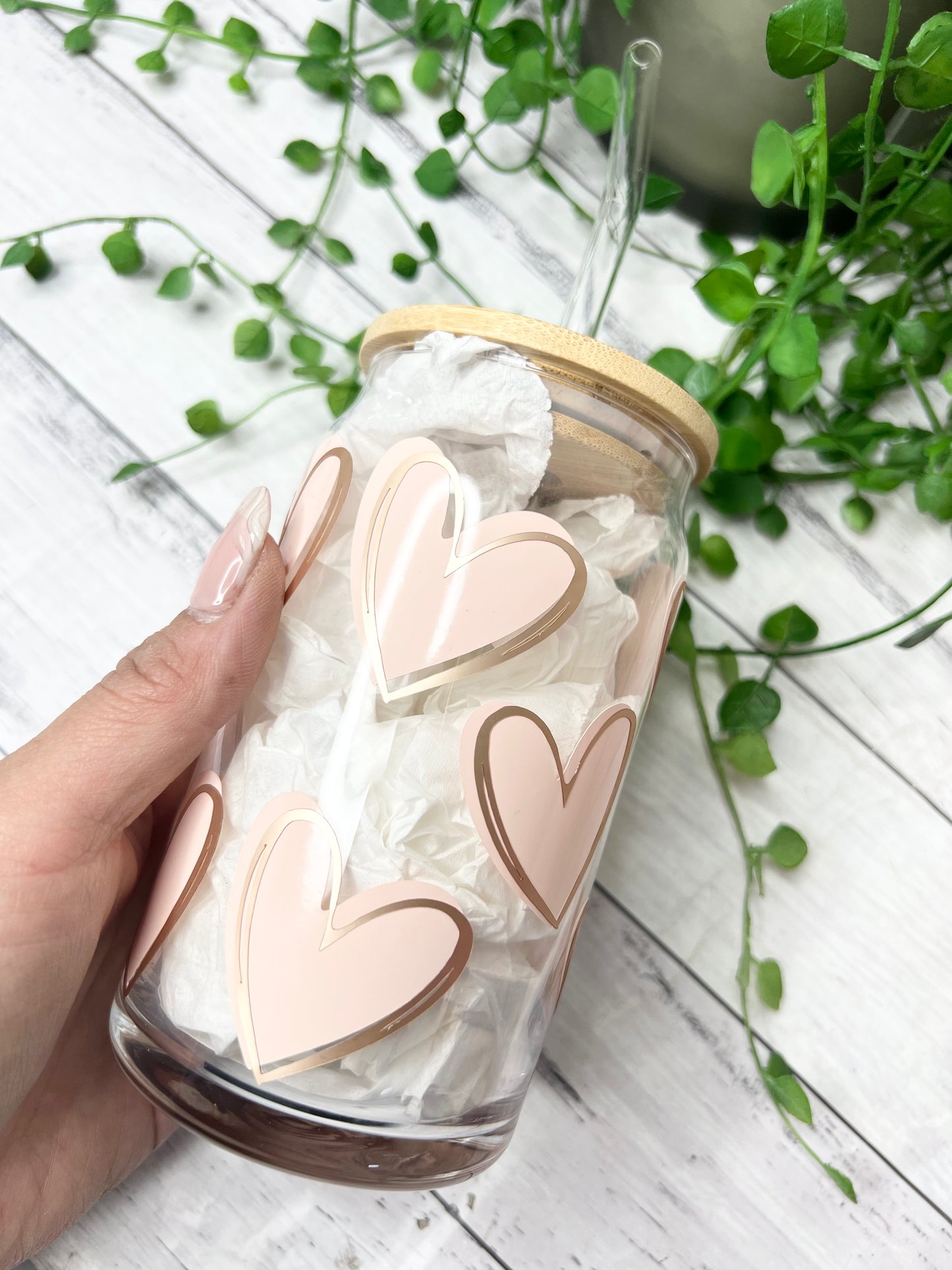 Heart beer can ice coffee glass cup 470ml 16oz bamboo lid and glass straw pink and rose gold matte
