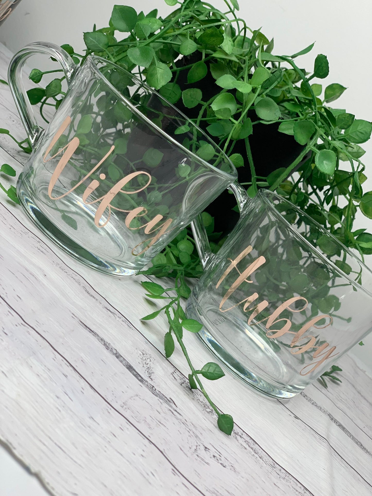 Hubby and wifey rose gold clear mugs