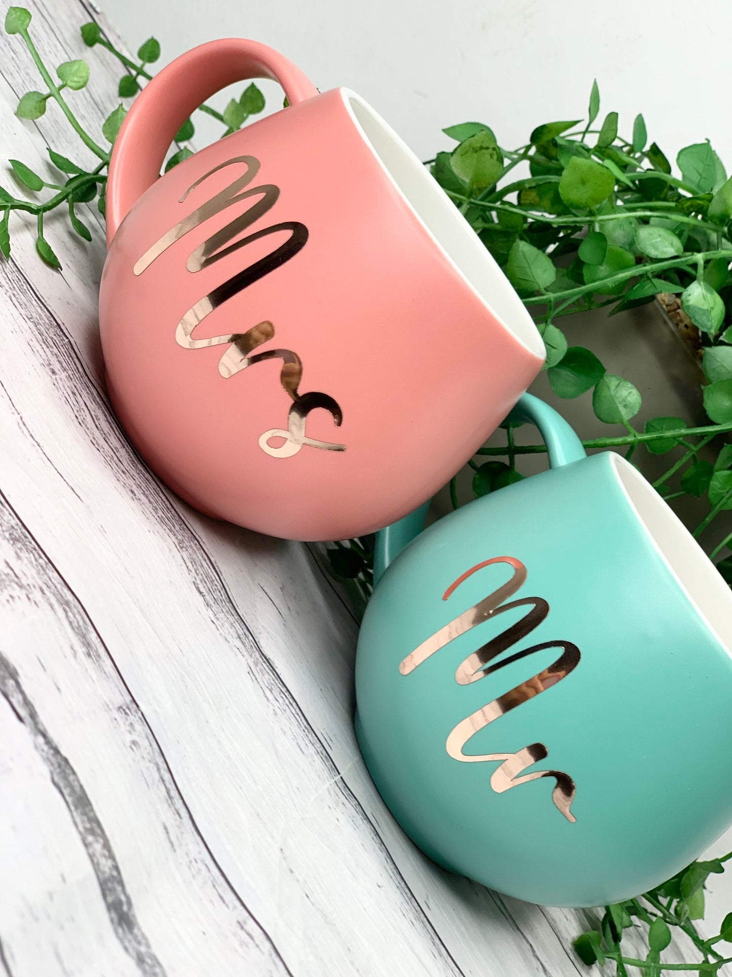 Mr and Mrs  Coral and Aqua couple Hug mug set 450ml
