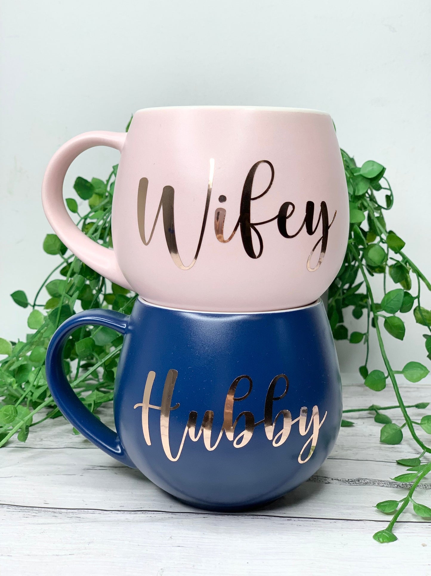 Hubby and wifey Pink and Navy hug mug set  450ml