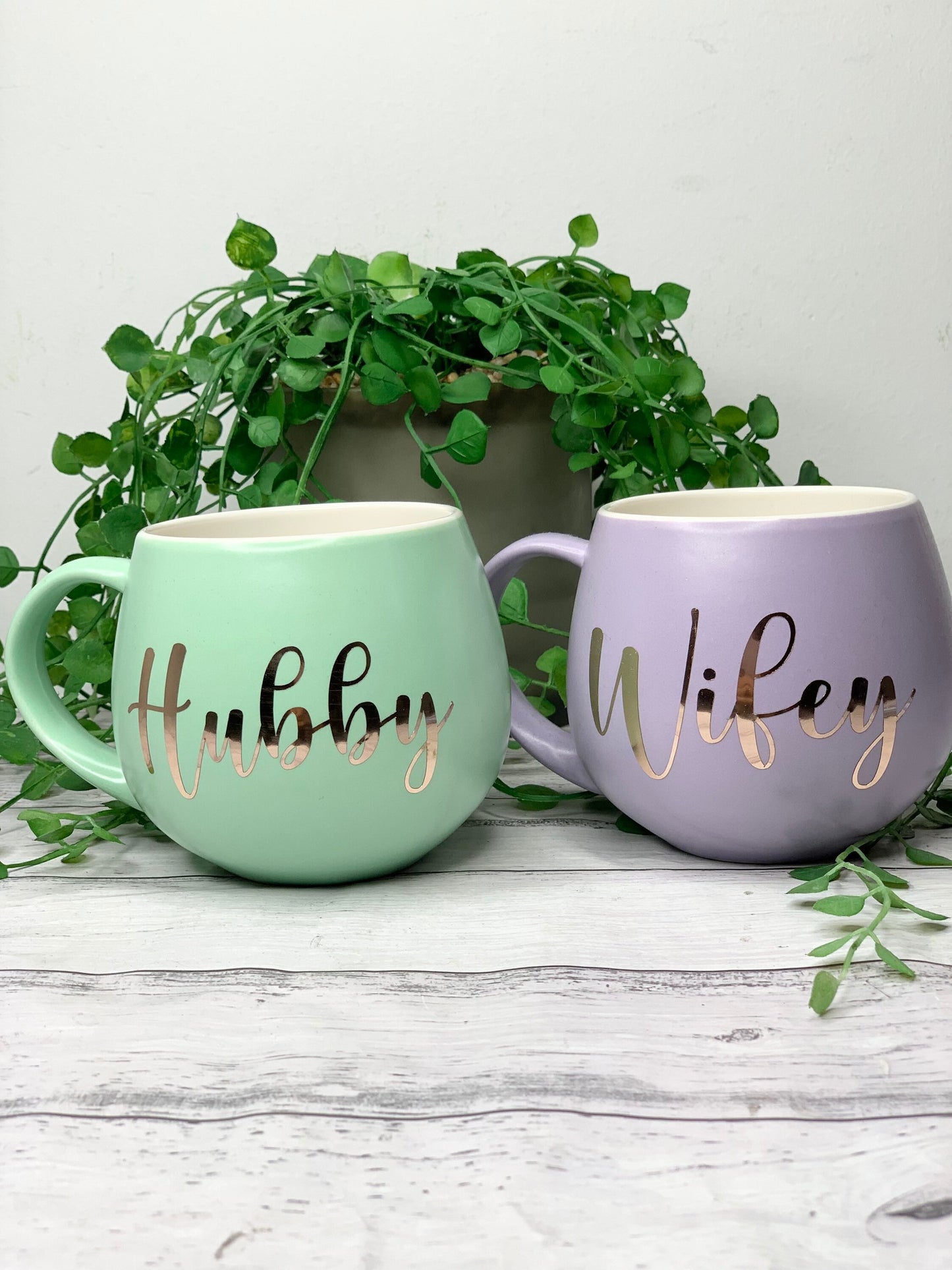 Hubby and wifey Purple and Lime hug mug set  450ml couple set