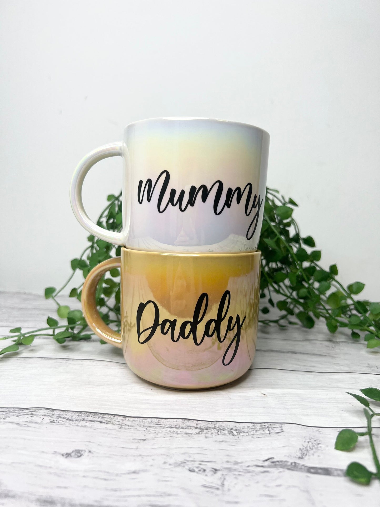 Mummy and Daddy  440ml mugs coffee cups set couple gift set White Chrome and Mustard Chrome